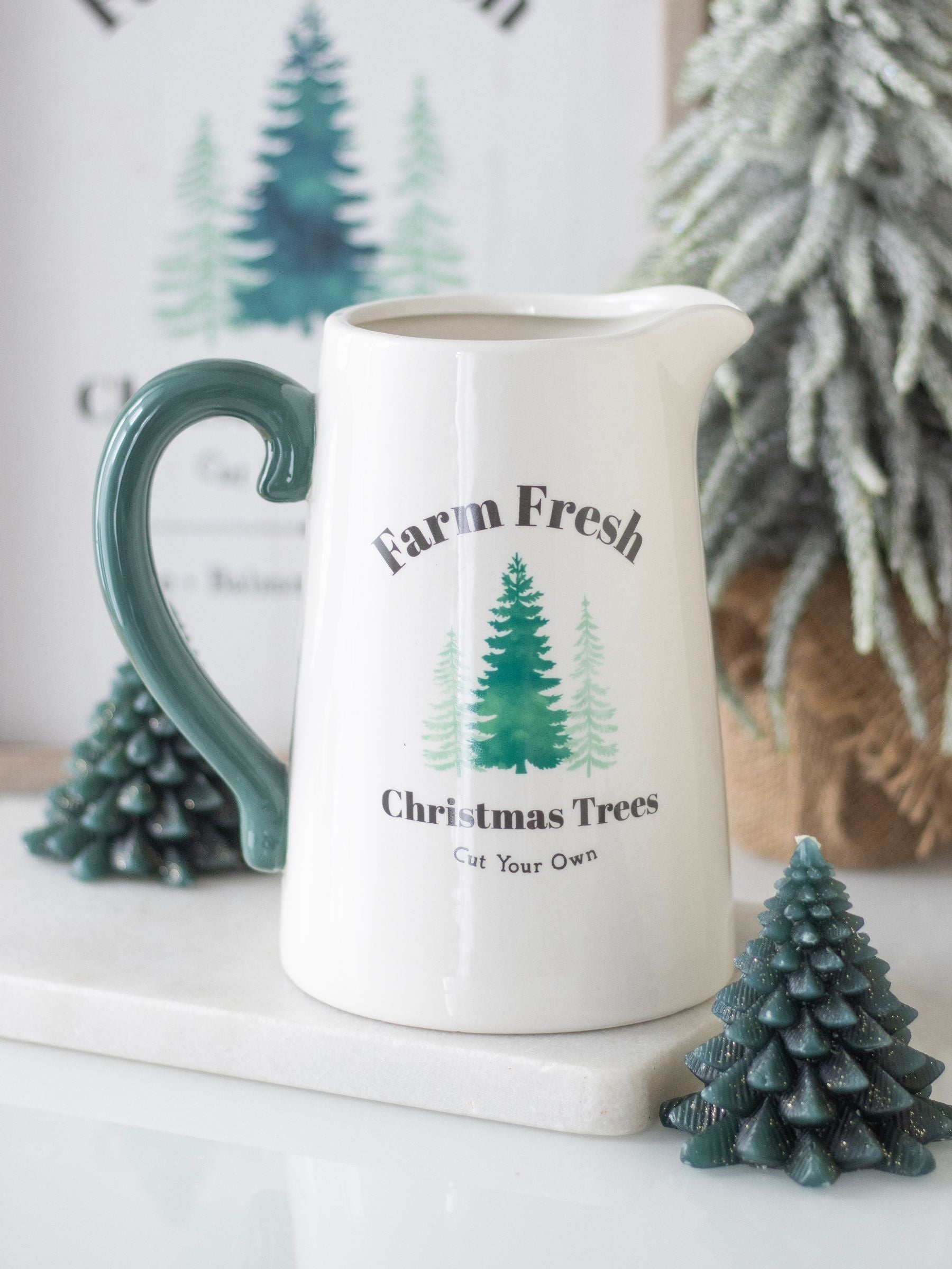 Something Different ceramic flower jug white farm fresh Christmas trees, imported from the UK