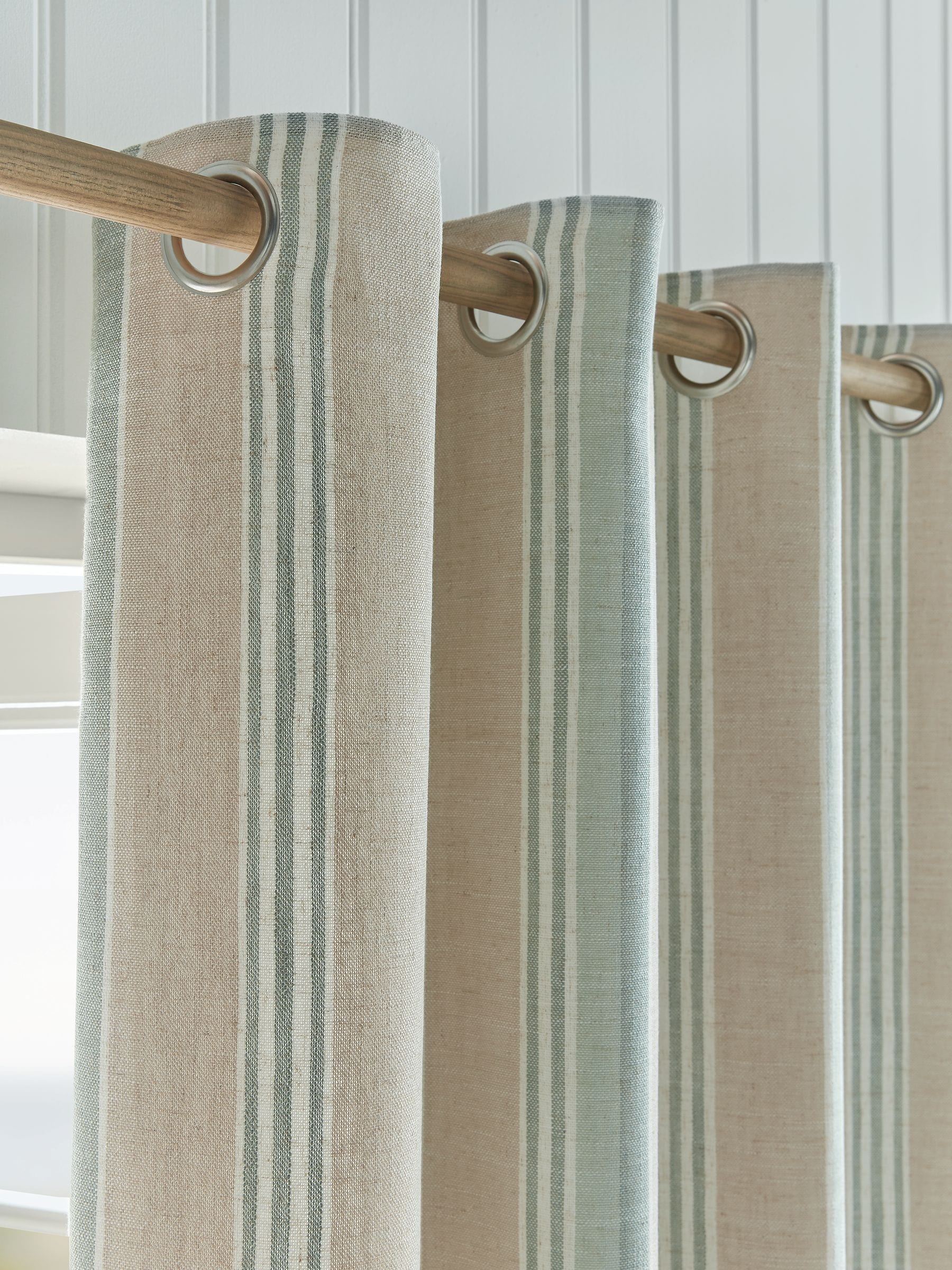 Laura Ashley green Wickham Stripe eyelet curtains, UK version