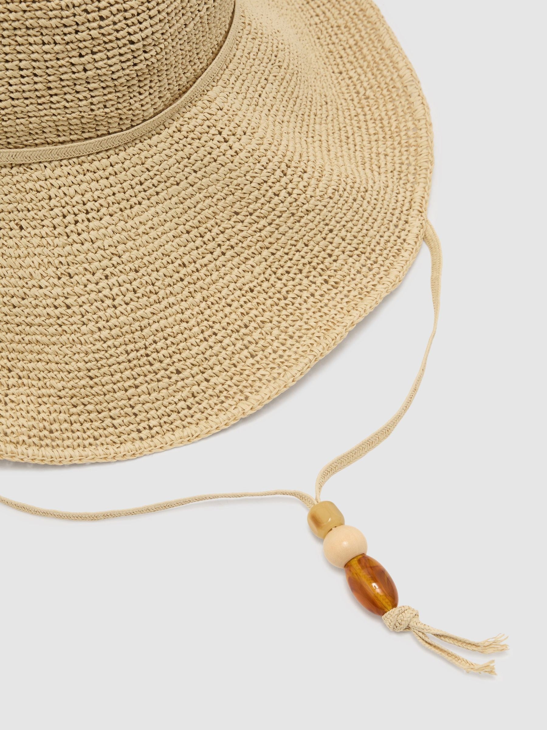 Reiss Annetta straw-effect wide-brim hat with beaded strap (British brand)