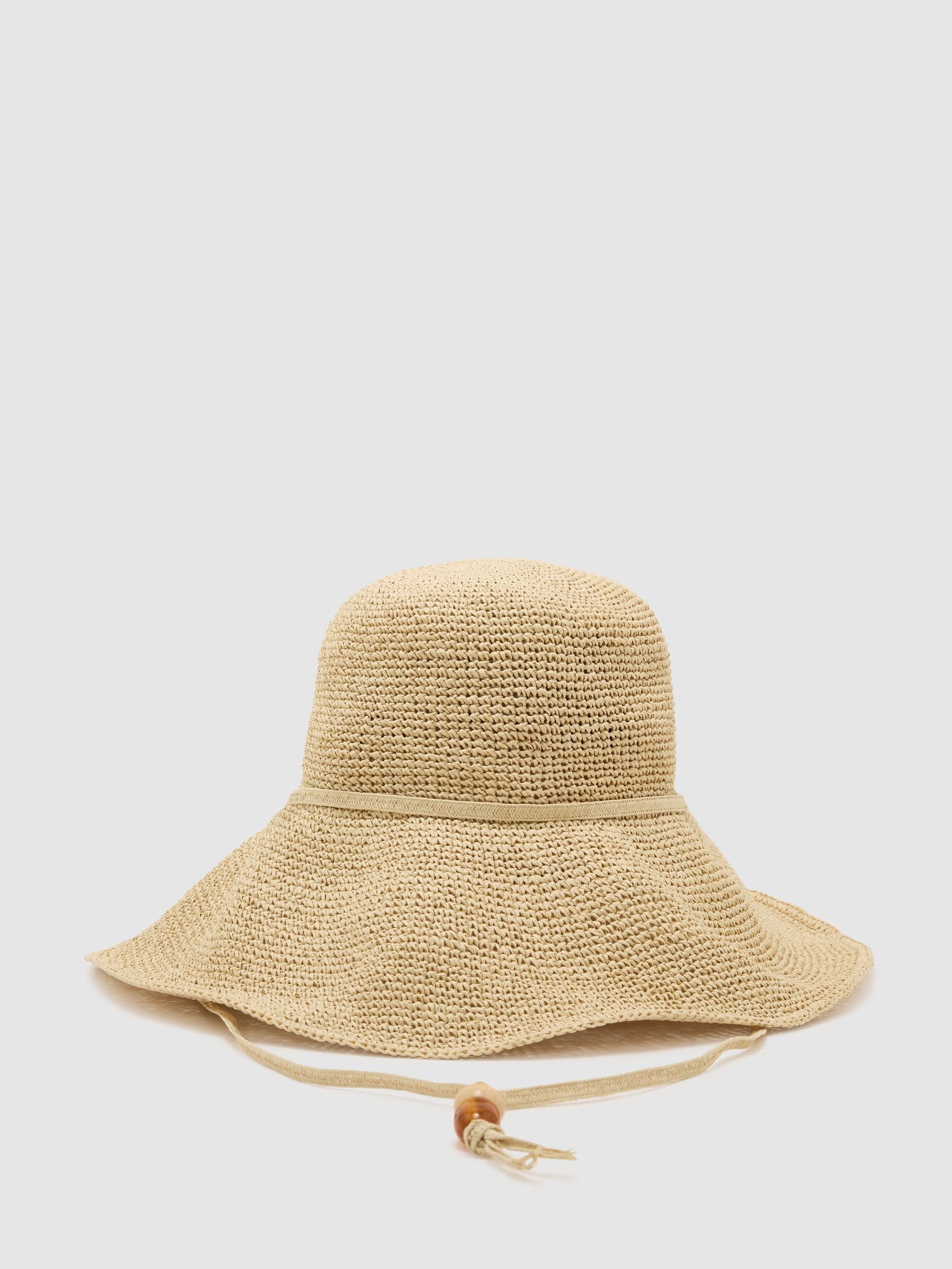 Reiss Annetta straw-effect wide-brim hat with beaded strap (British brand)