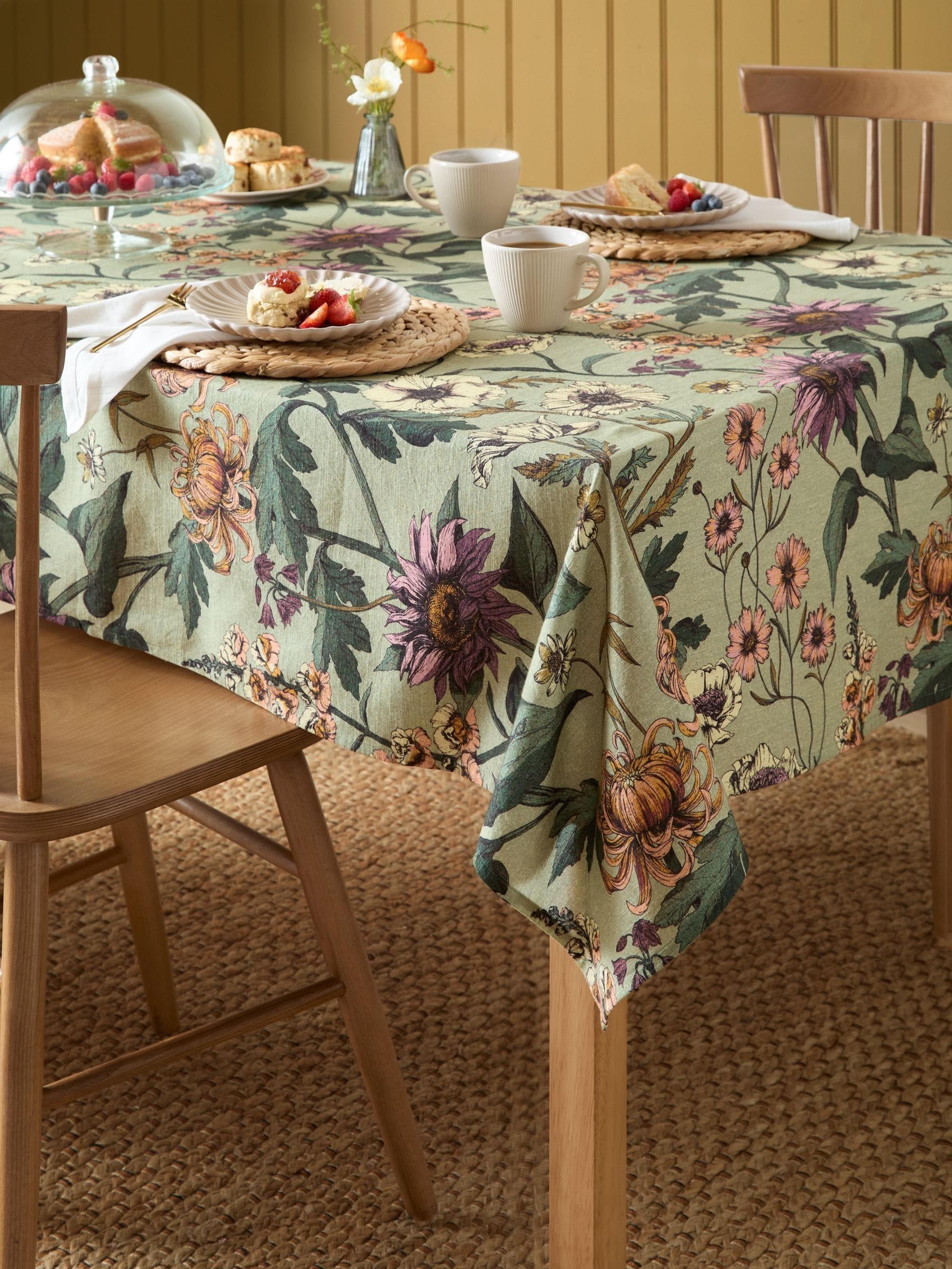 Wylder green wallflower botanical table cloth, imported from the UK