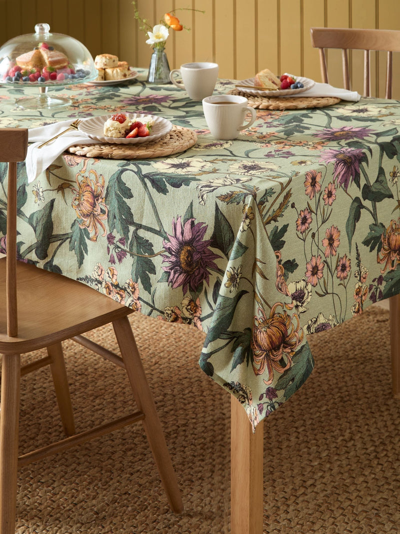Wylder green wallflower botanical table cloth, imported from the UK