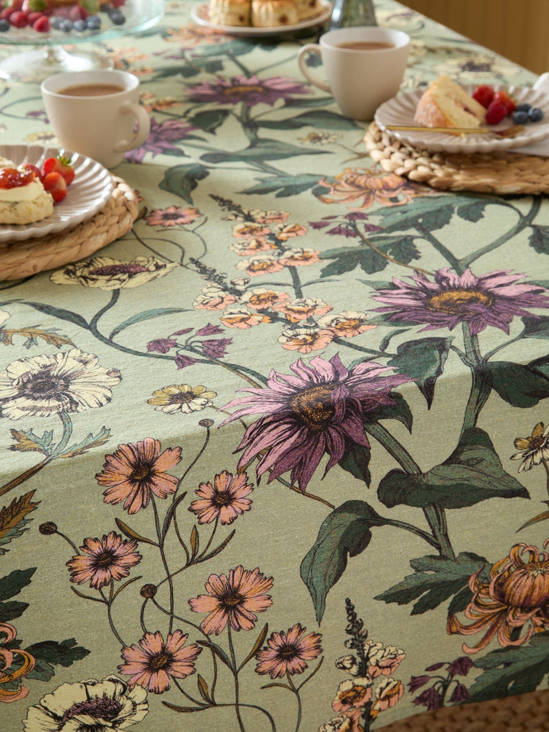 Wylder green wallflower botanical table cloth, imported from the UK