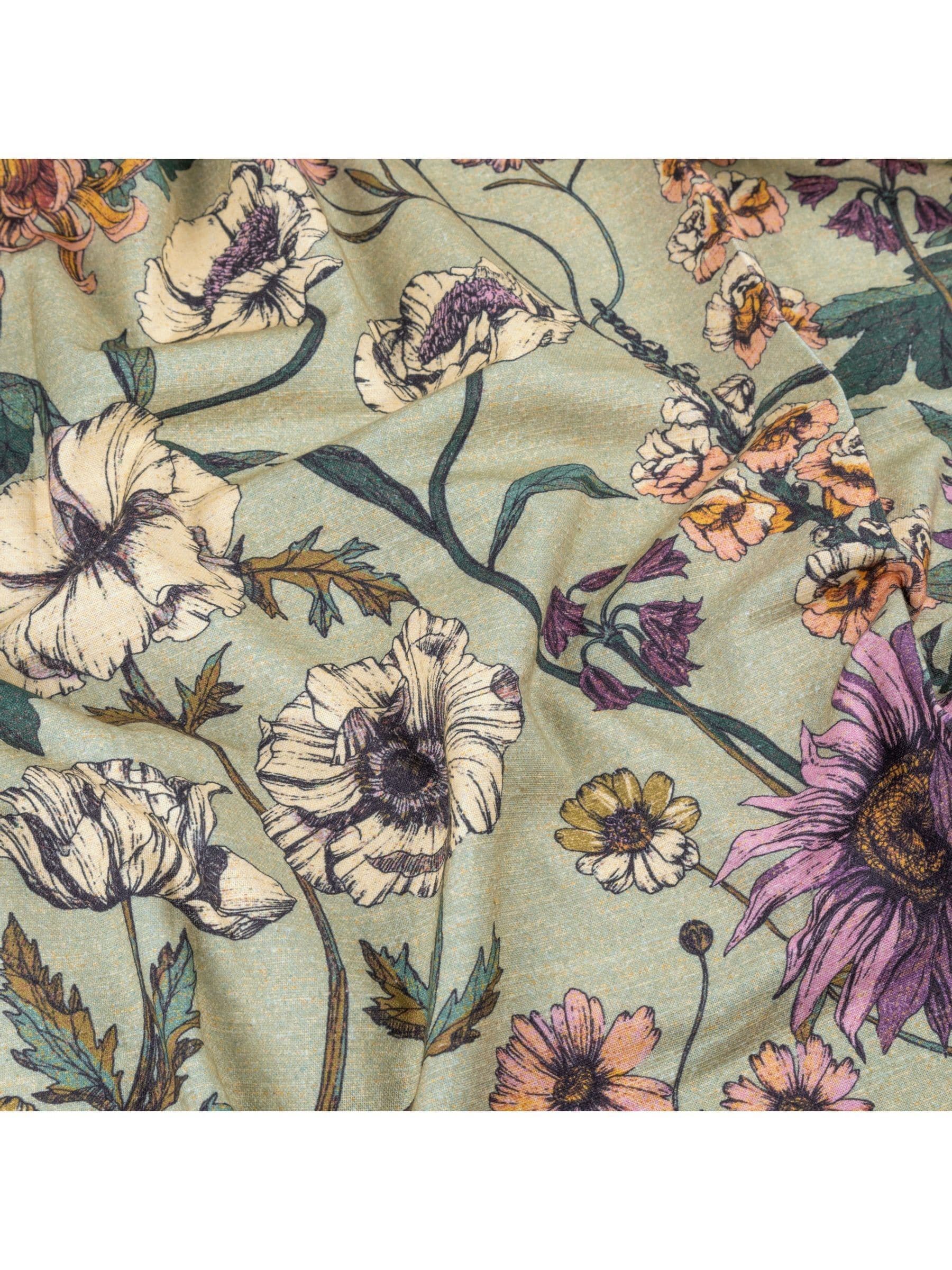 Wylder green wallflower botanical table cloth, imported from the UK