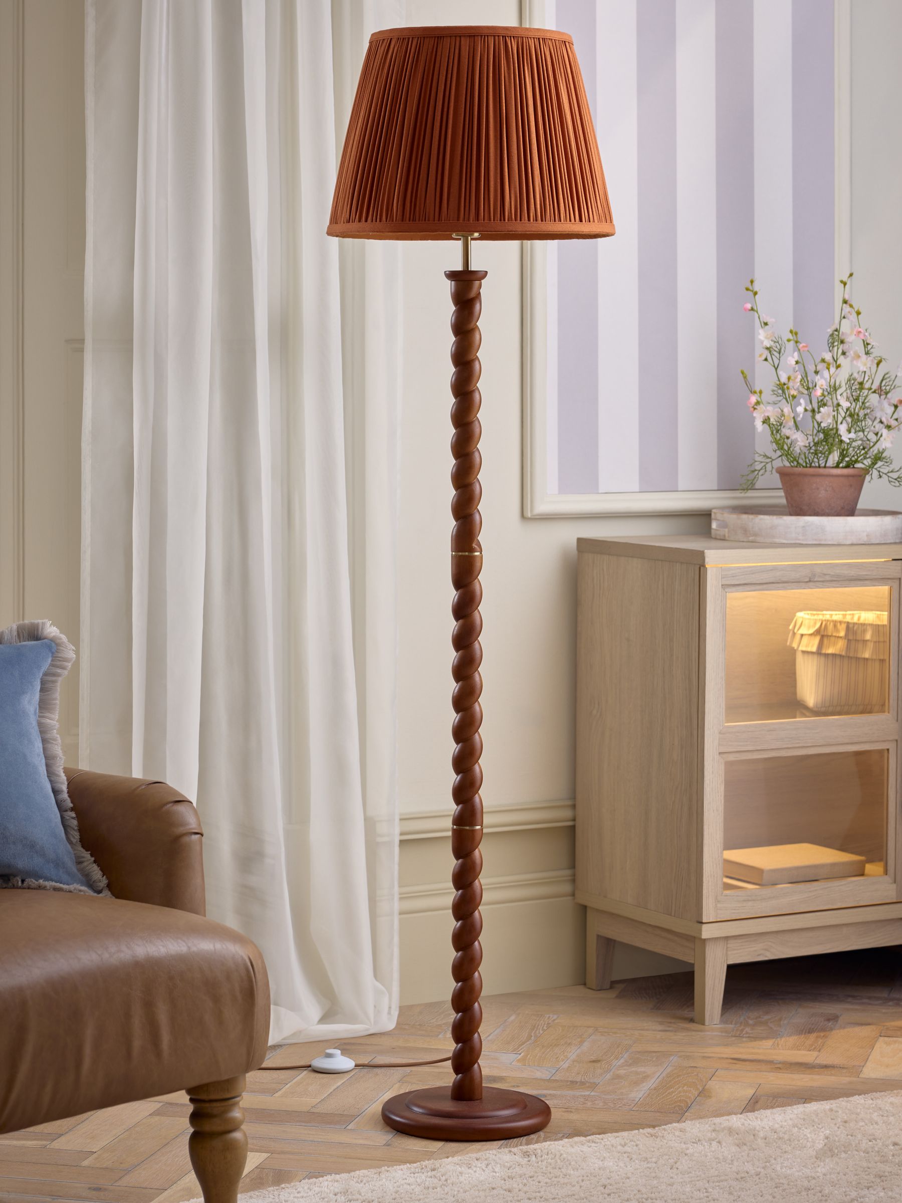 Dark wood barley twist floor lamp with fabric shade - British product