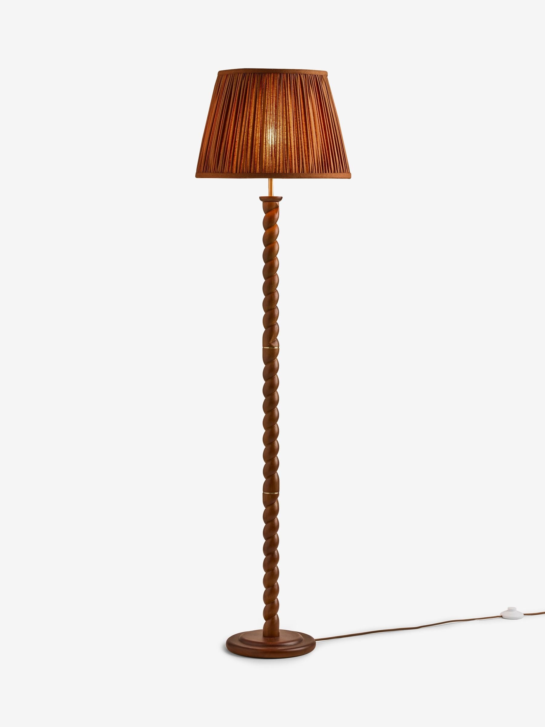 Dark wood barley twist floor lamp with fabric shade - British product