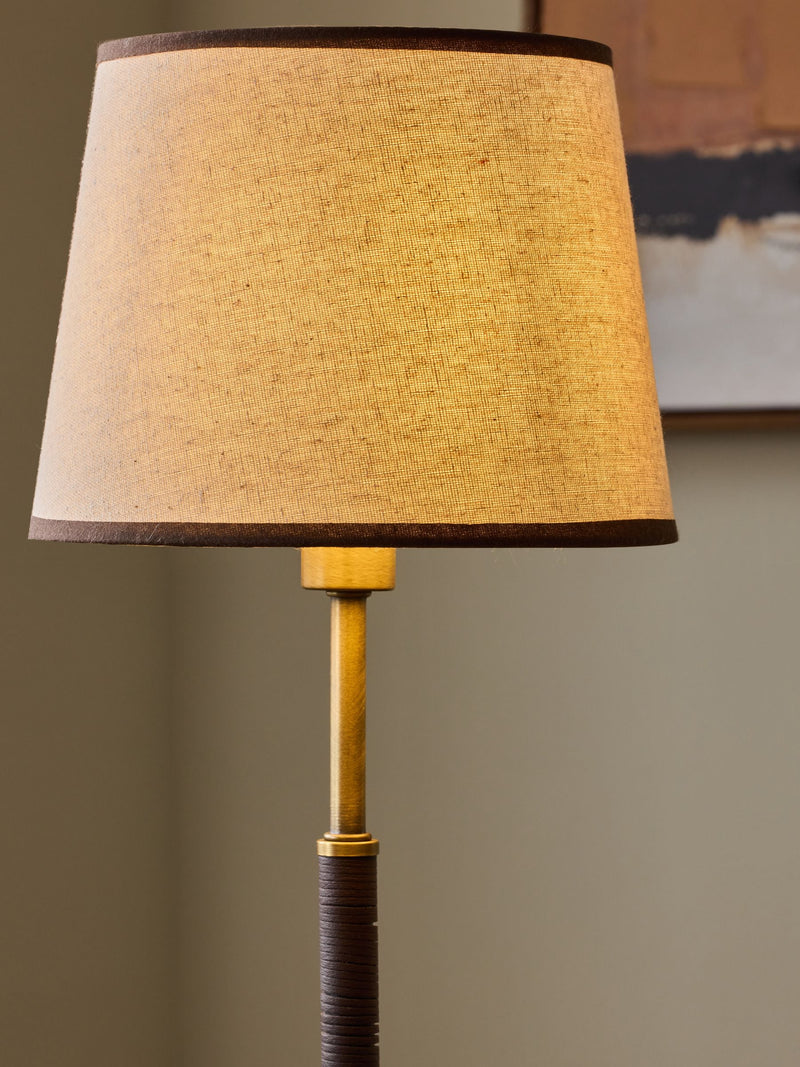 Brass Bentham table lamp with faux leather base and fabric shade - British product
