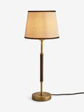 Brass Bentham table lamp with faux leather base and fabric shade - British product
