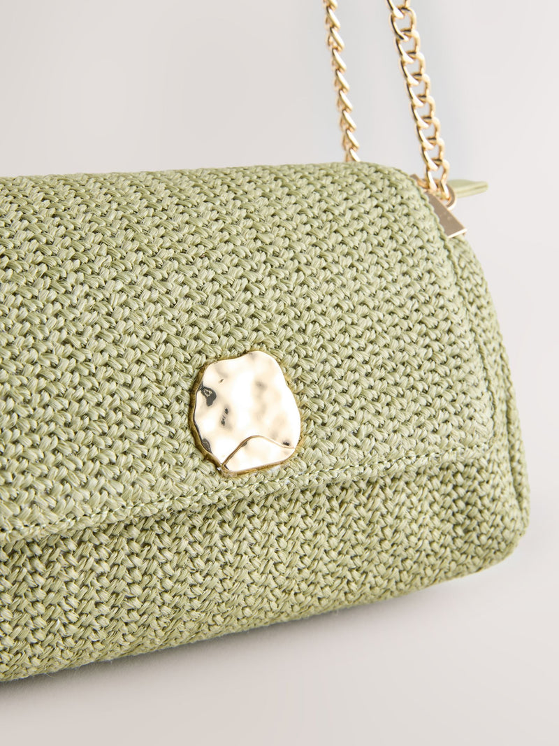 Green raffia effect shoulder bag, imported from the UK