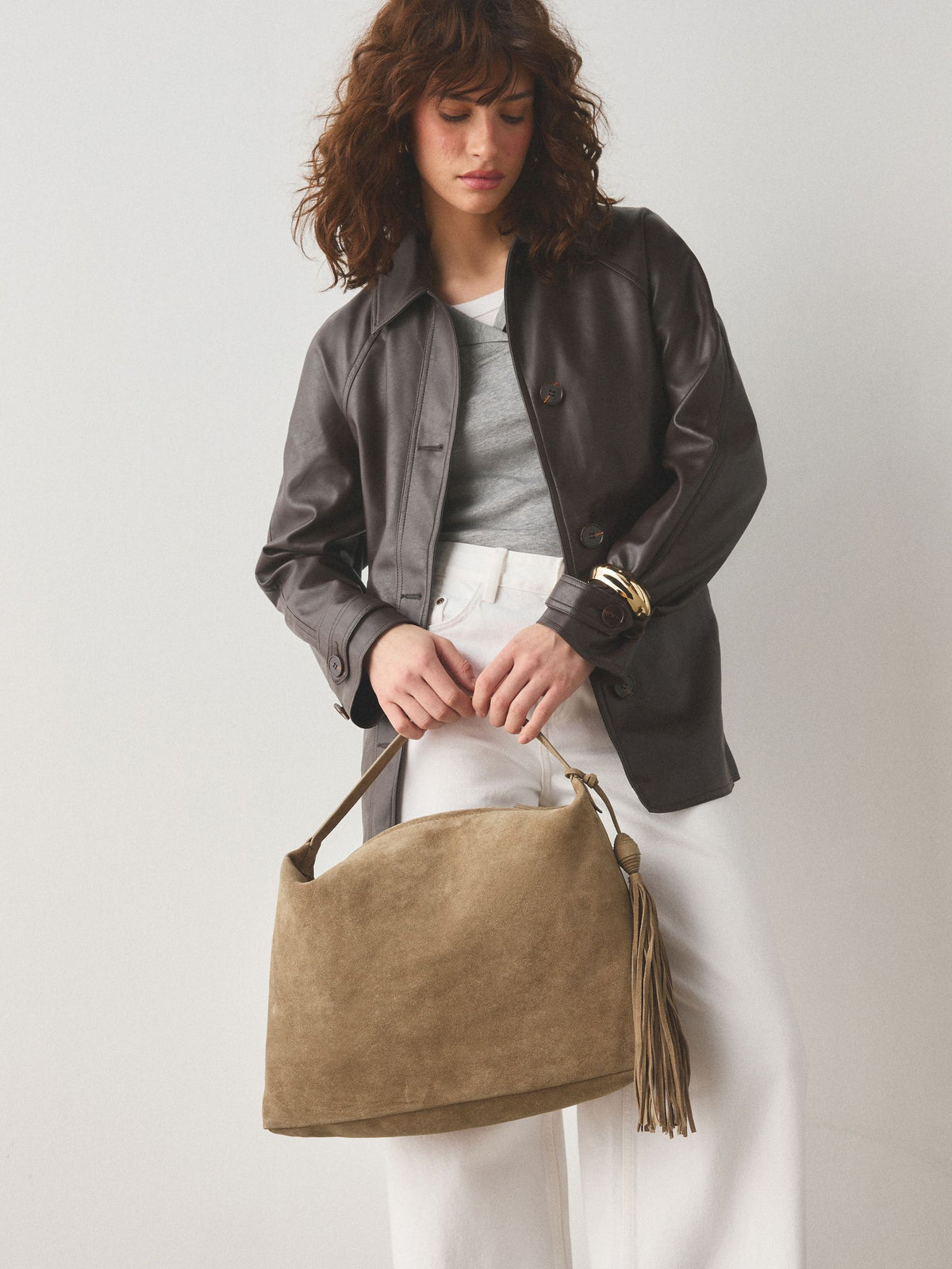 Stone Suede Tassel Shoulder Bag leather and cotton lining - British product