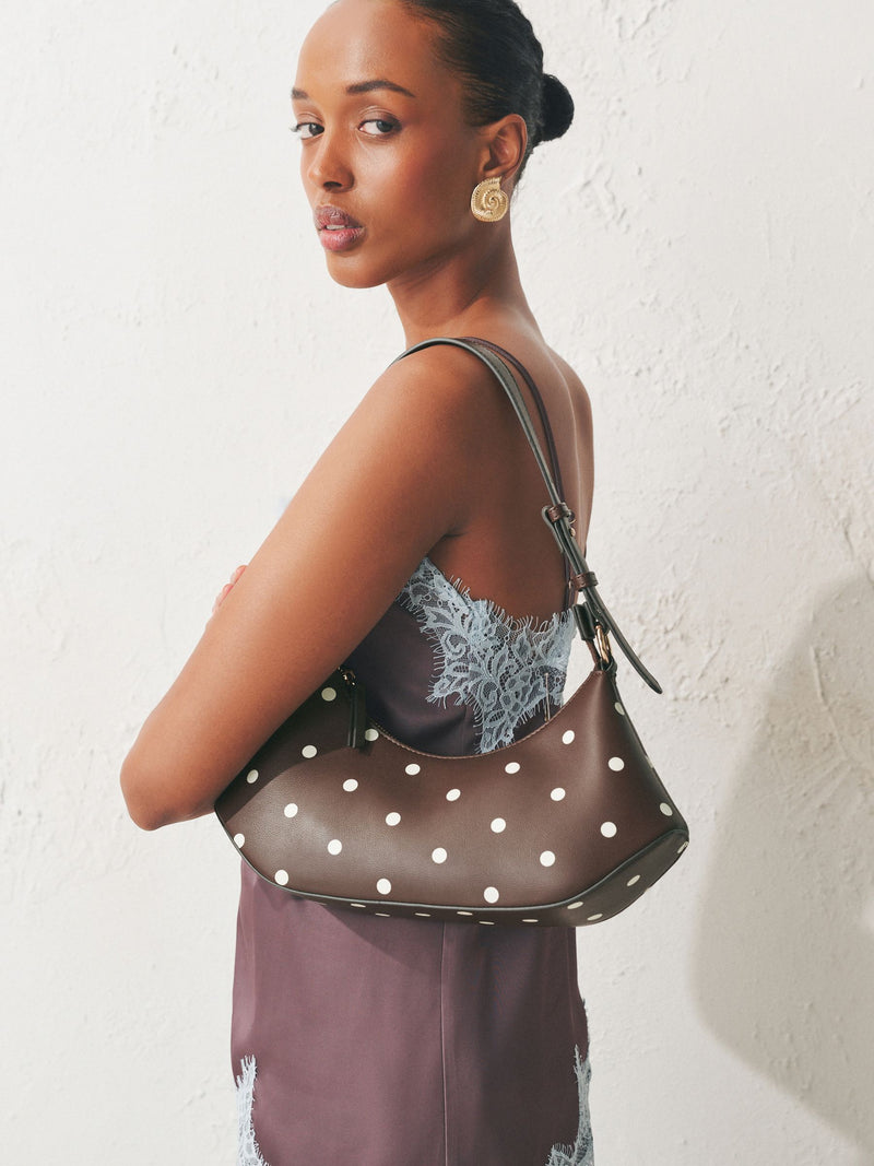 Chocolate brown polka dot scoop shoulder bag from a British brand