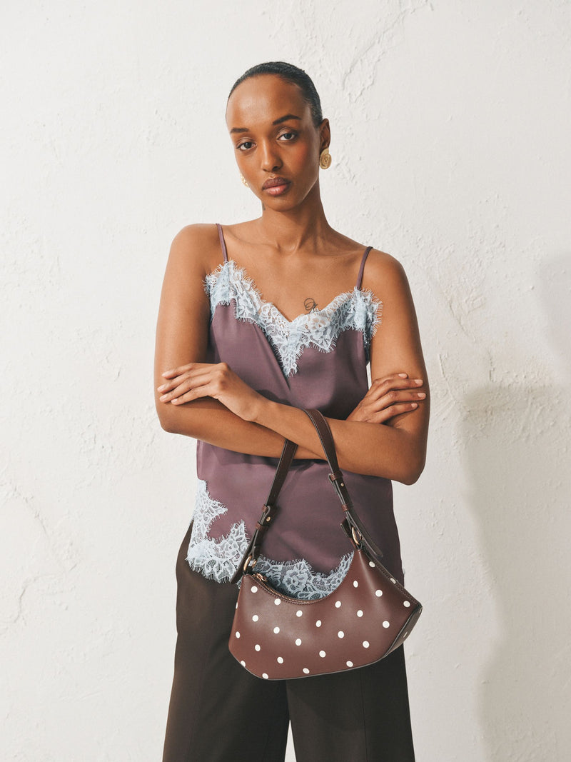 Chocolate brown polka dot scoop shoulder bag from a British brand
