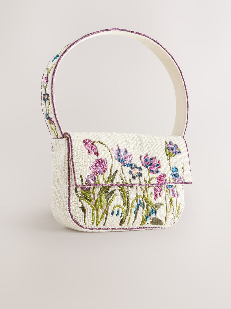White beaded floral shoulder bag recycled polyester, UK version