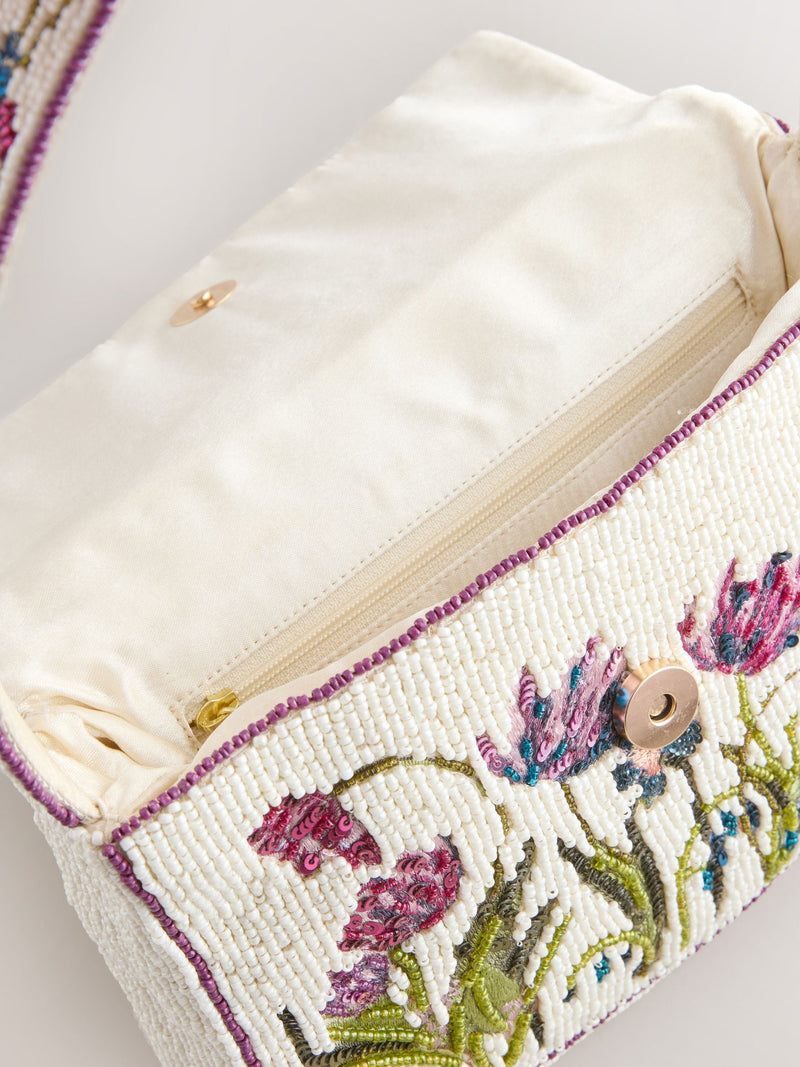White beaded floral shoulder bag recycled polyester, UK version