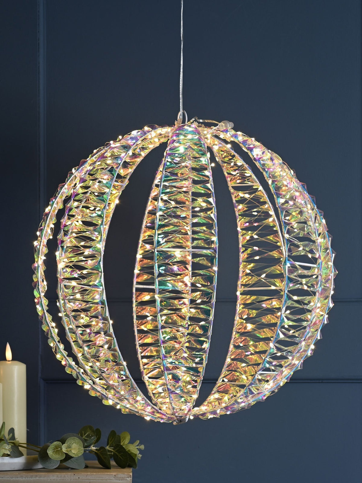 Festive 30cm iridescent ball with warm white LEDs, UK version