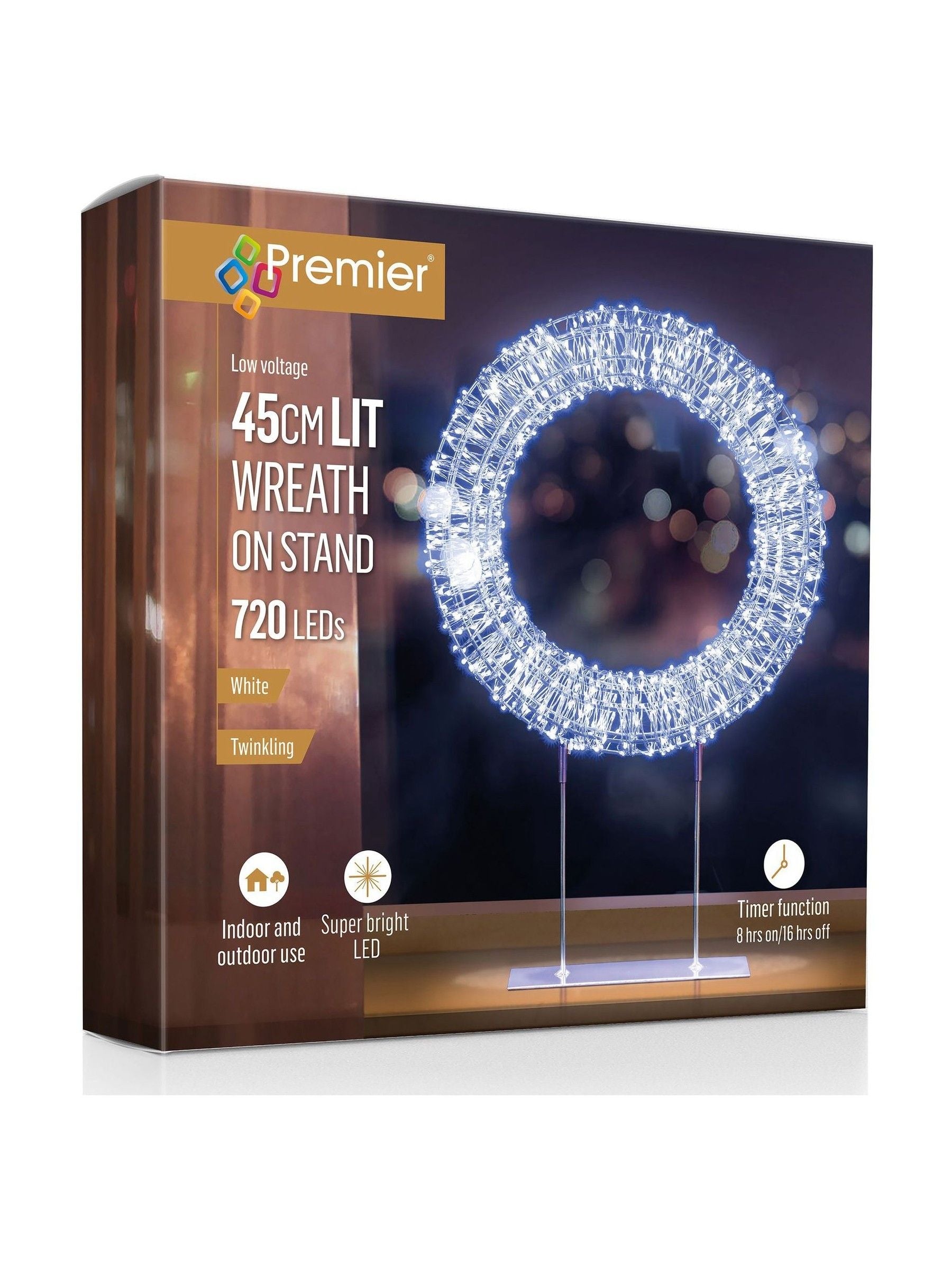Premier Decorations table top wreath silver with white LEDs 45cm, imported from the UK