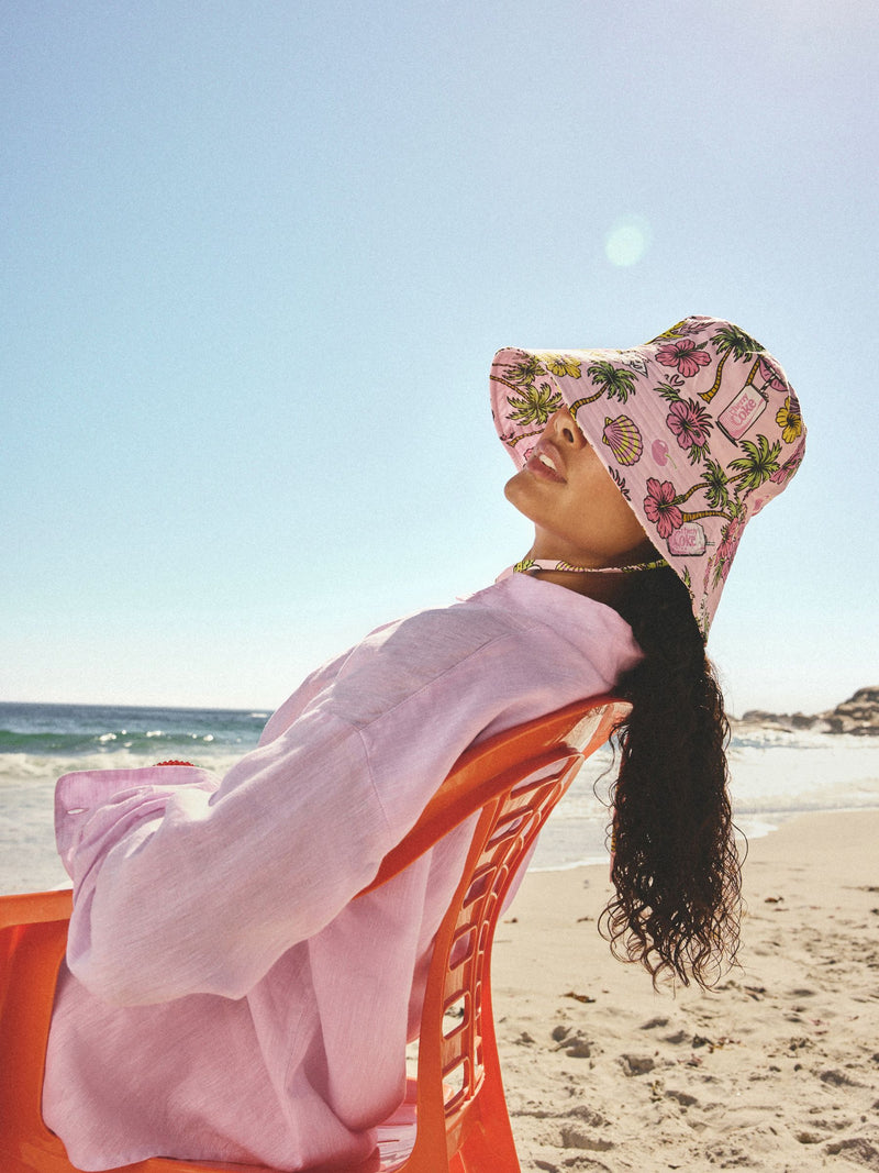 Cherry Coke pink tropical print bucket hat - British product
