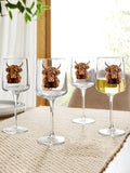 Set of 4 Hamish wine glasses with Highland cow print - British product