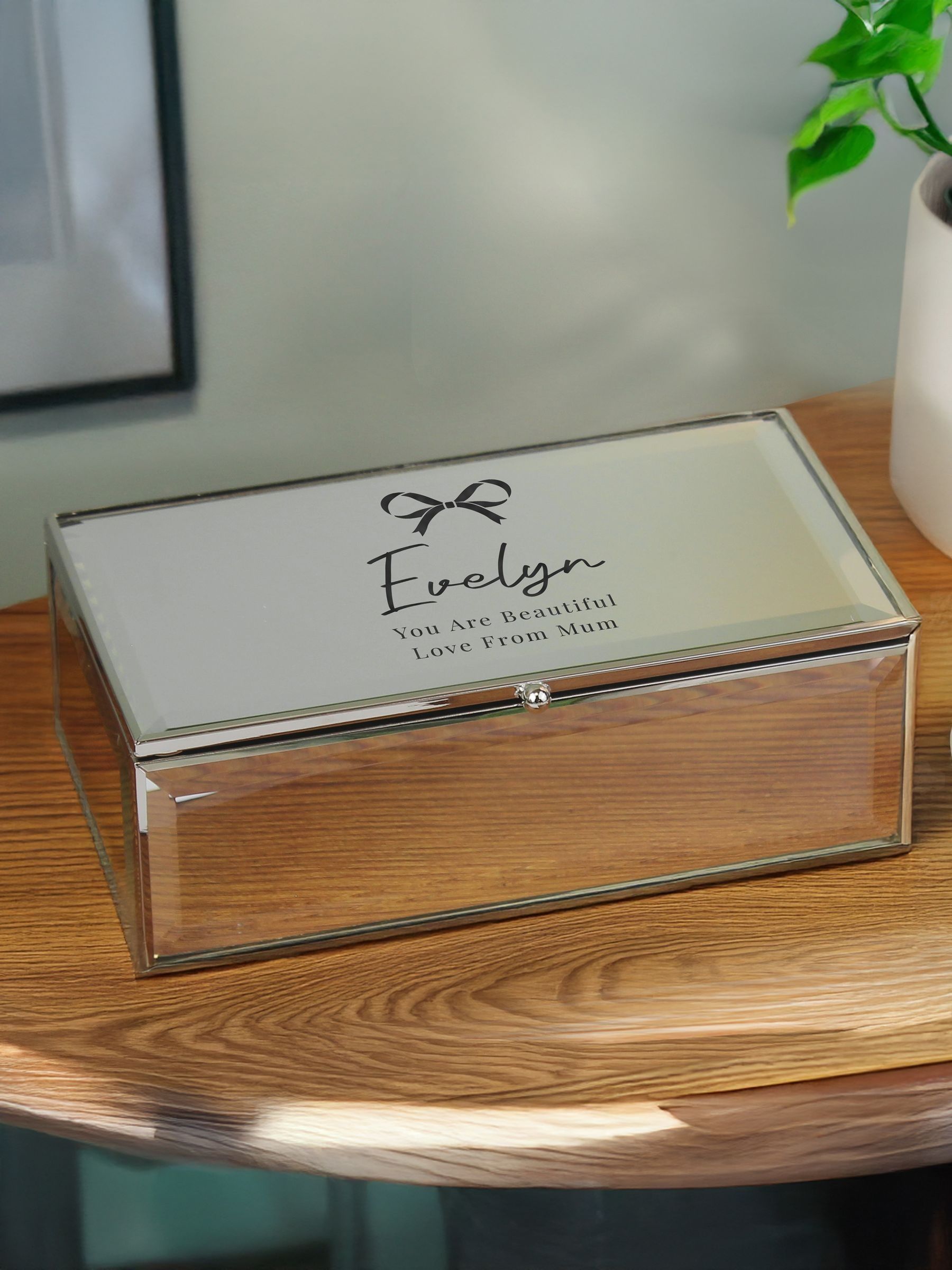 PMC bow mirrored jewellery box with personalisation, imported from the UK