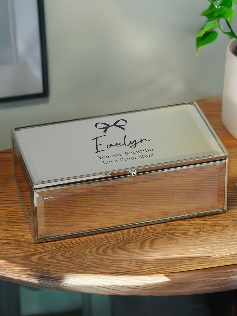 PMC bow mirrored jewellery box with personalisation, imported from the UK