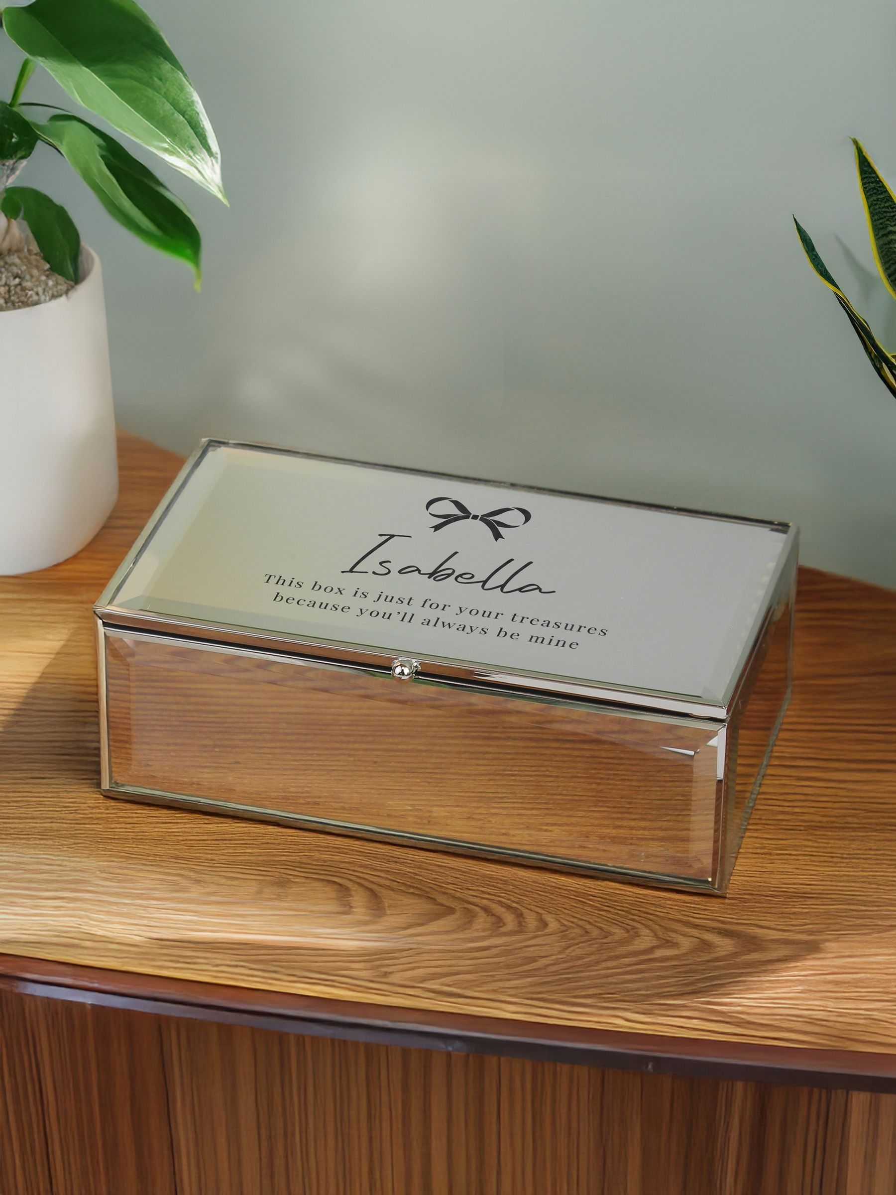 PMC bow mirrored jewellery box with personalisation, imported from the UK