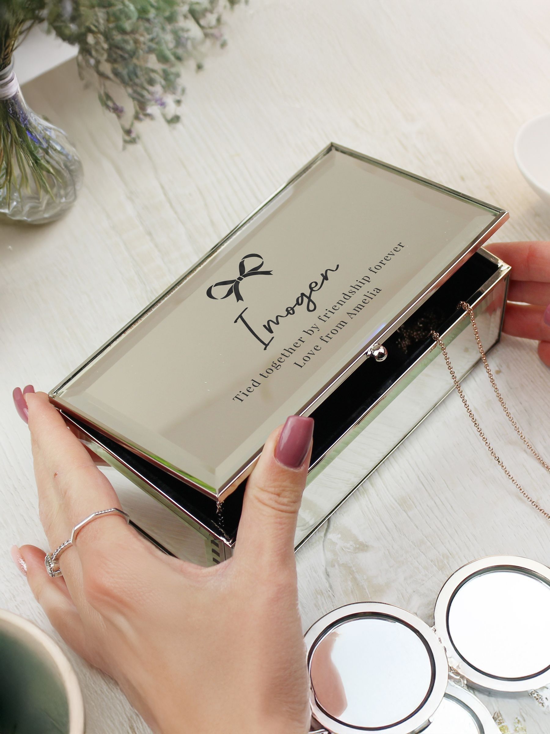 PMC bow mirrored jewellery box with personalisation, imported from the UK
