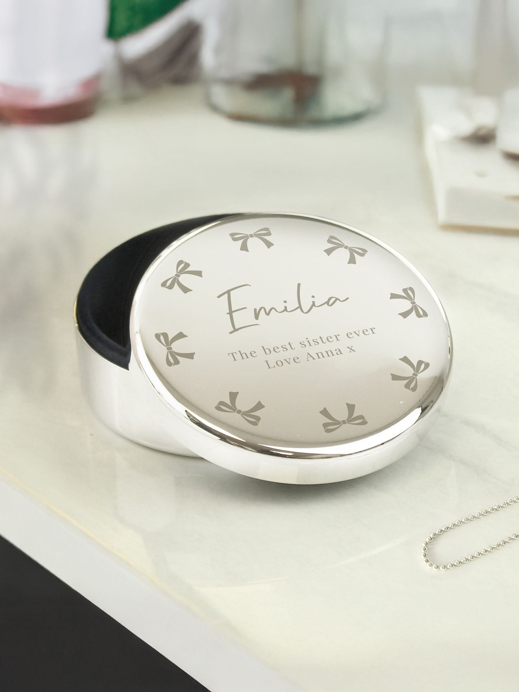 PMC personalised bow round trinket box - British product