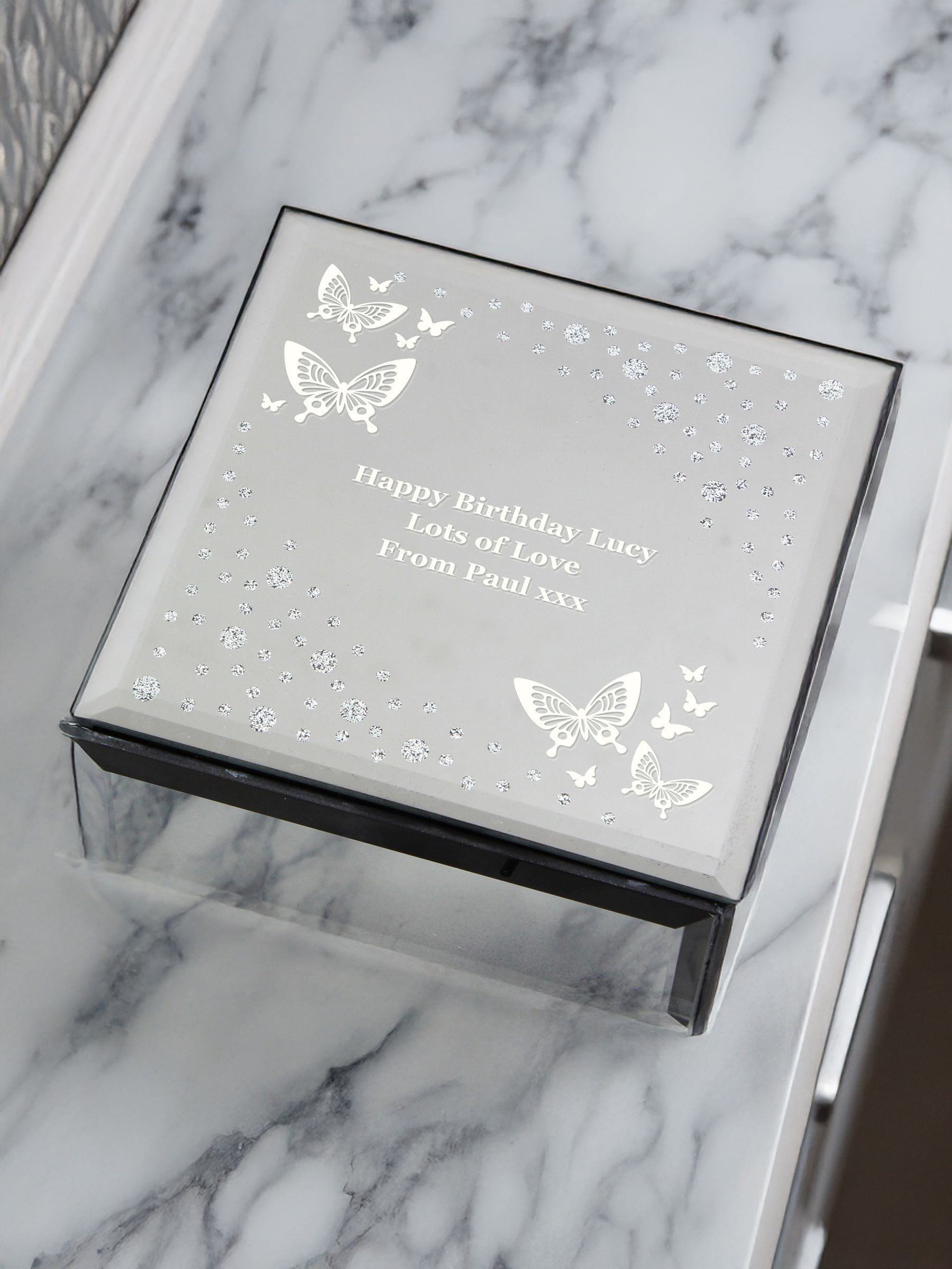 PMC personalised butterfly mirrored trinket box 10cm, UK version