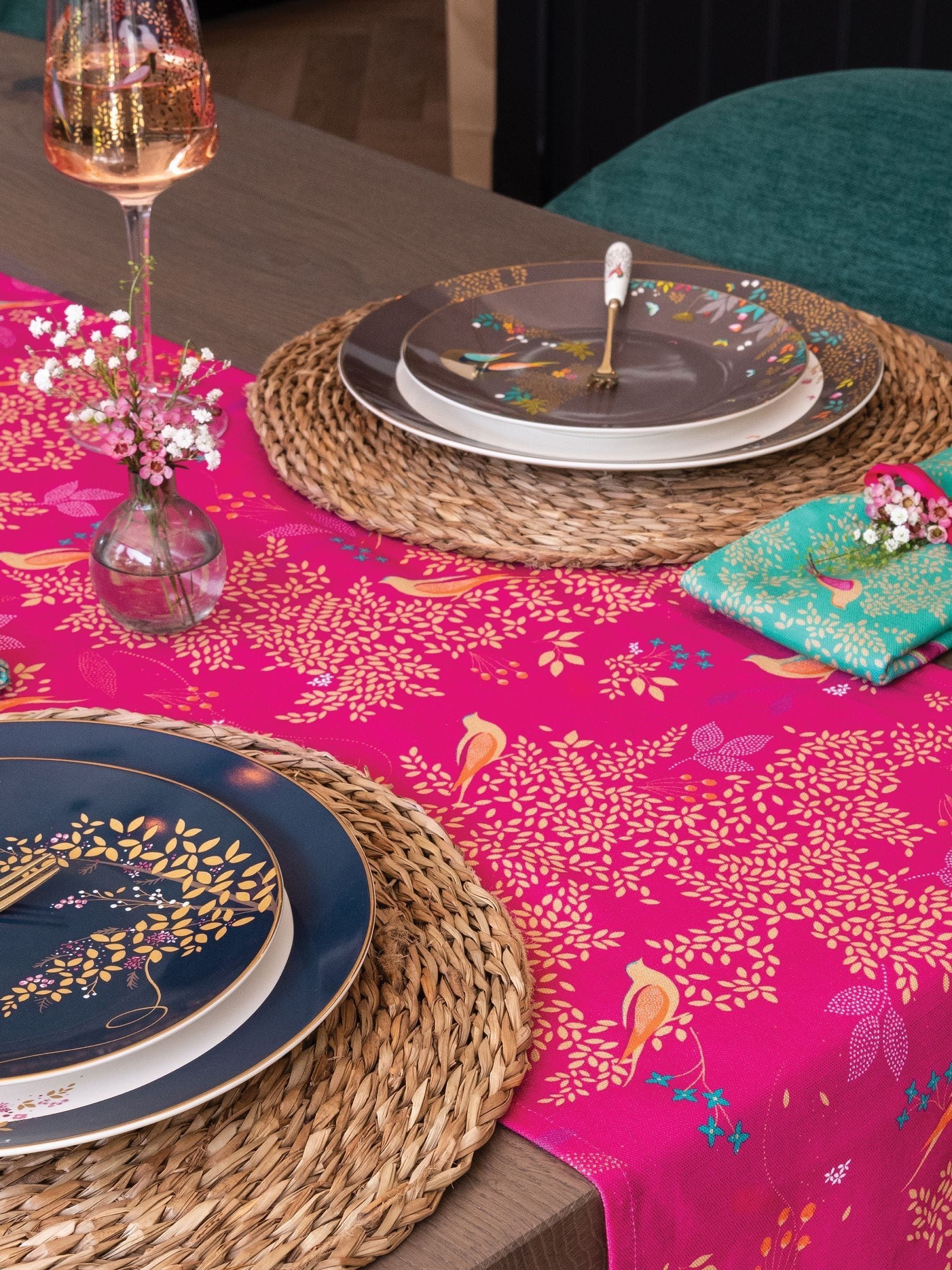 Sara Miller pink Chelsea birds table runner, imported from the UK