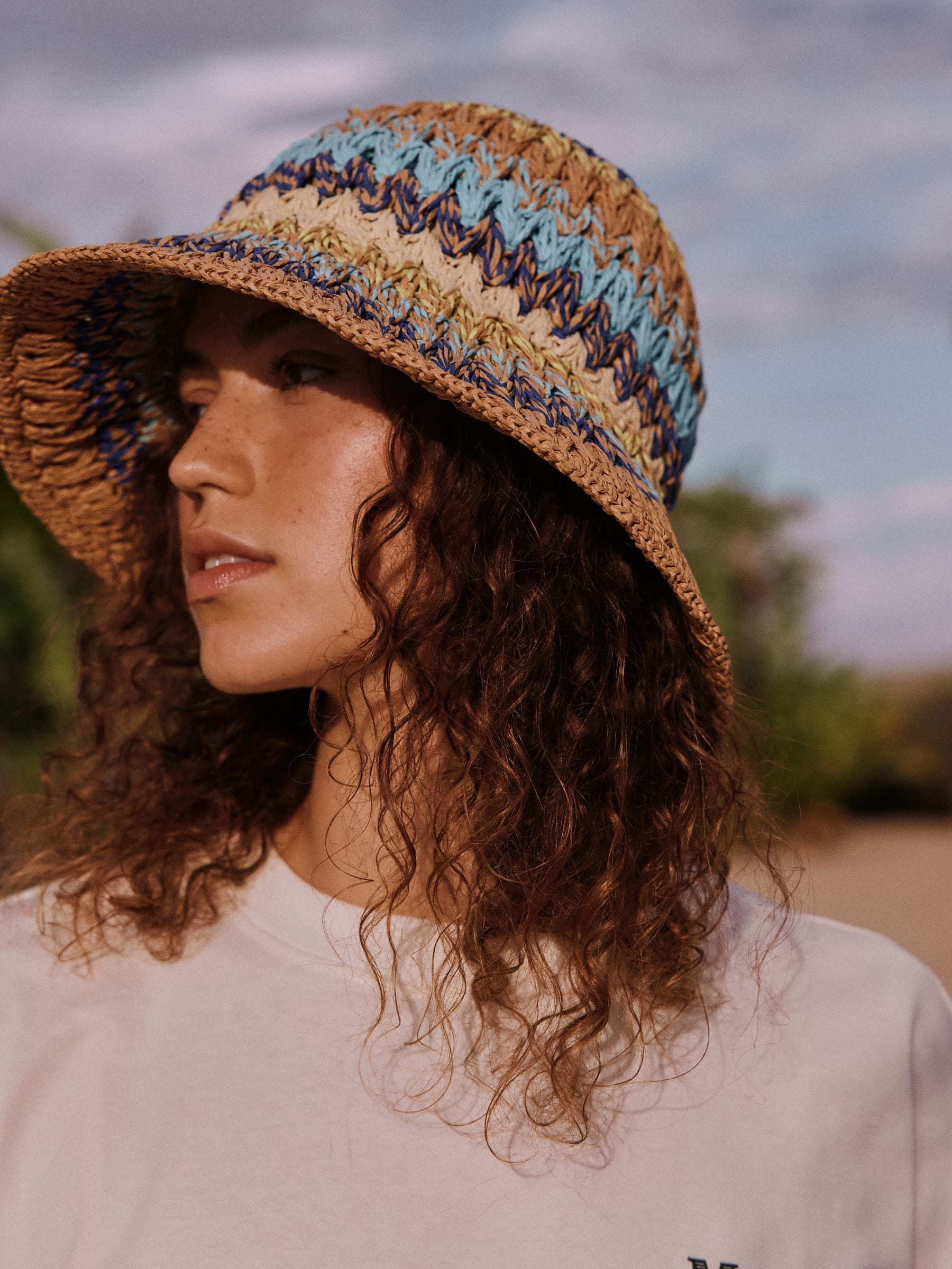 Yellow Blue Stripe Straw Bucket Hat (British brand)