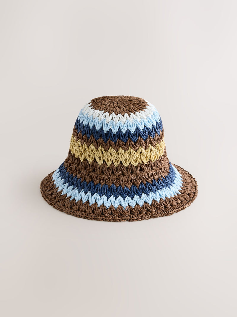 Yellow Blue Stripe Straw Bucket Hat (British brand)