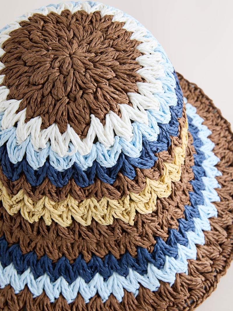 Yellow Blue Stripe Straw Bucket Hat (British brand)