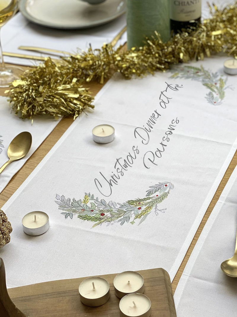 Solesmith personalised wreath Christmas table runner (British brand)
