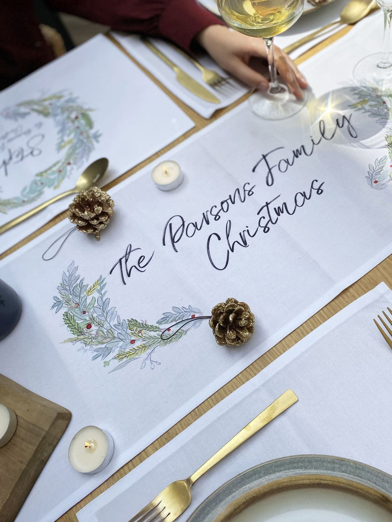 Solesmith personalised wreath Christmas table runner (British brand)