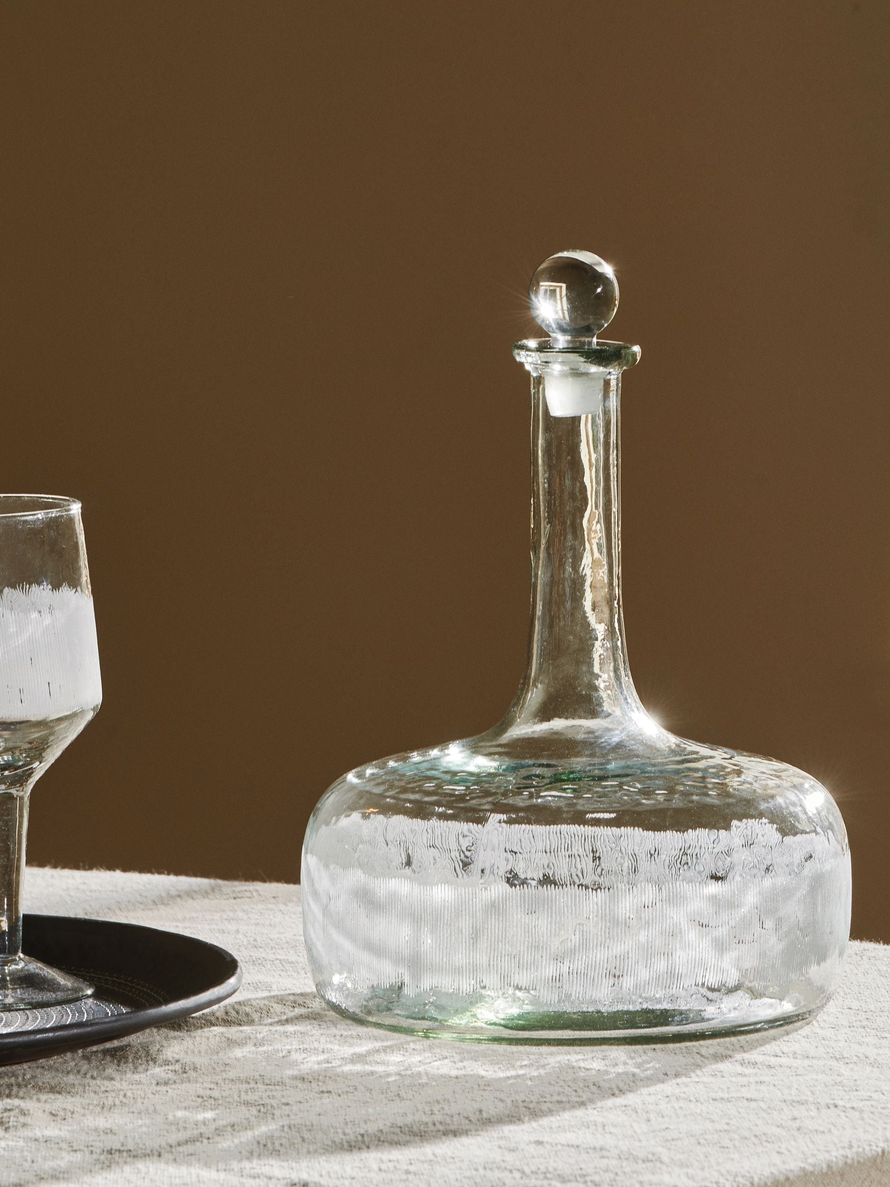 Nkuku clear Anara etched decanter hand-blown glass (British brand)