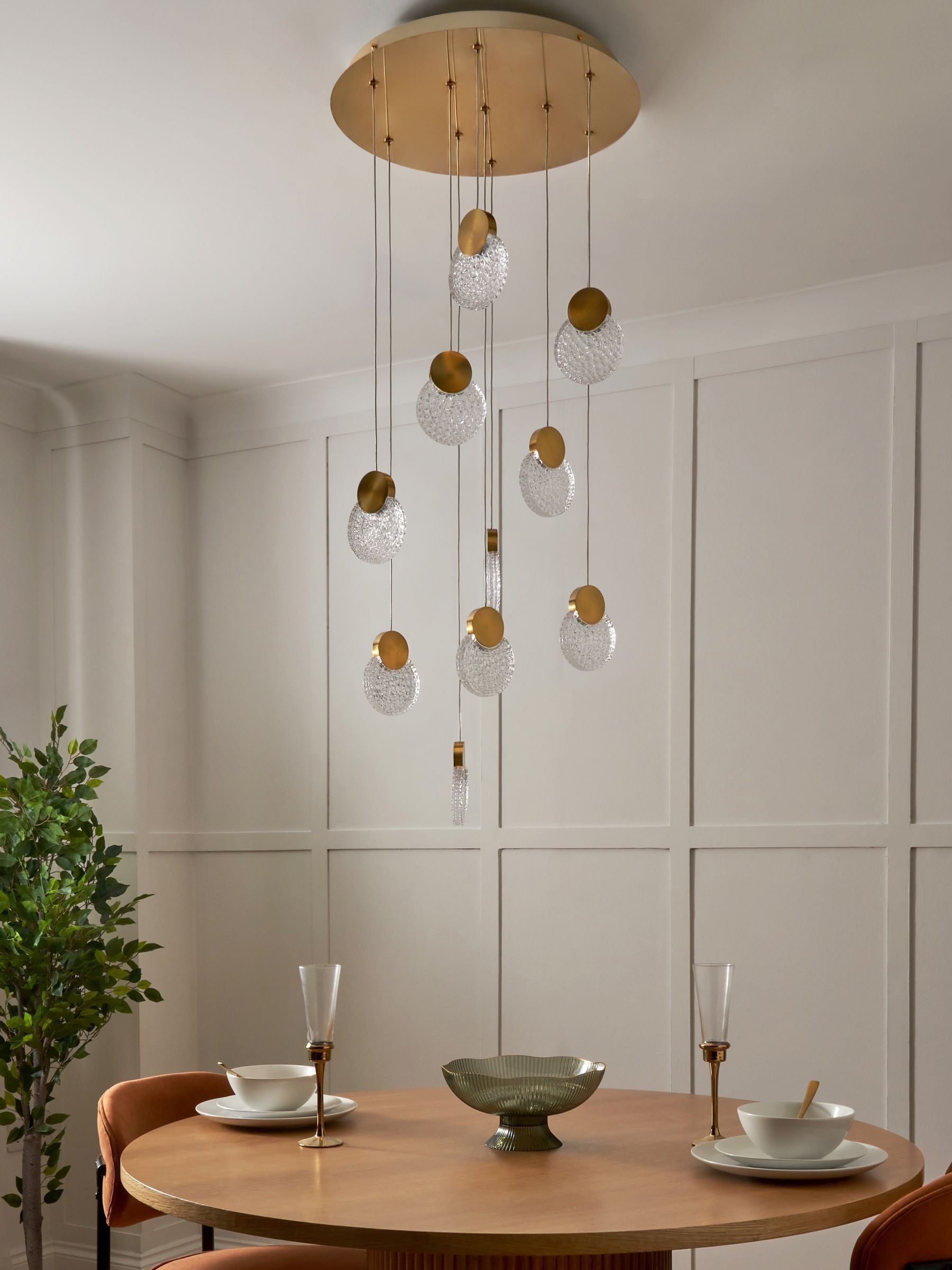 BHS Oskar 10-light LED glass cluster ceiling light satin brass, UK version