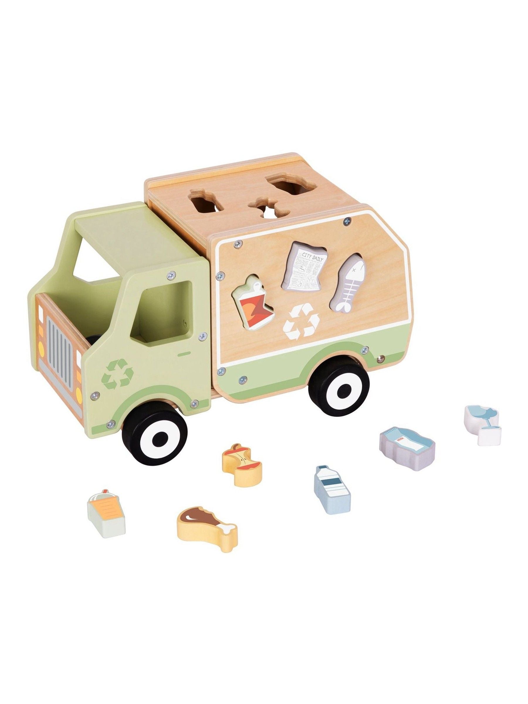 Tooky Toy wooden garbage truck toy shape sorting 30cm - British product