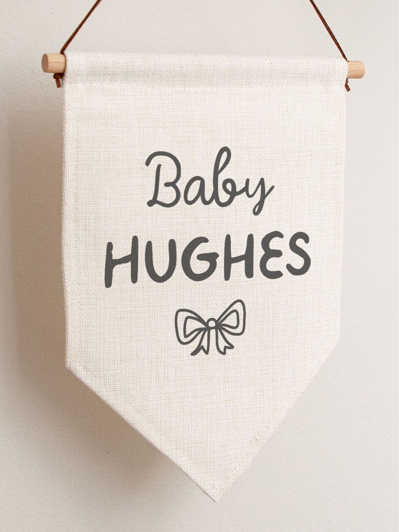 No Ordinary Gift personalised baby hanging flag linen neutral (British brand)