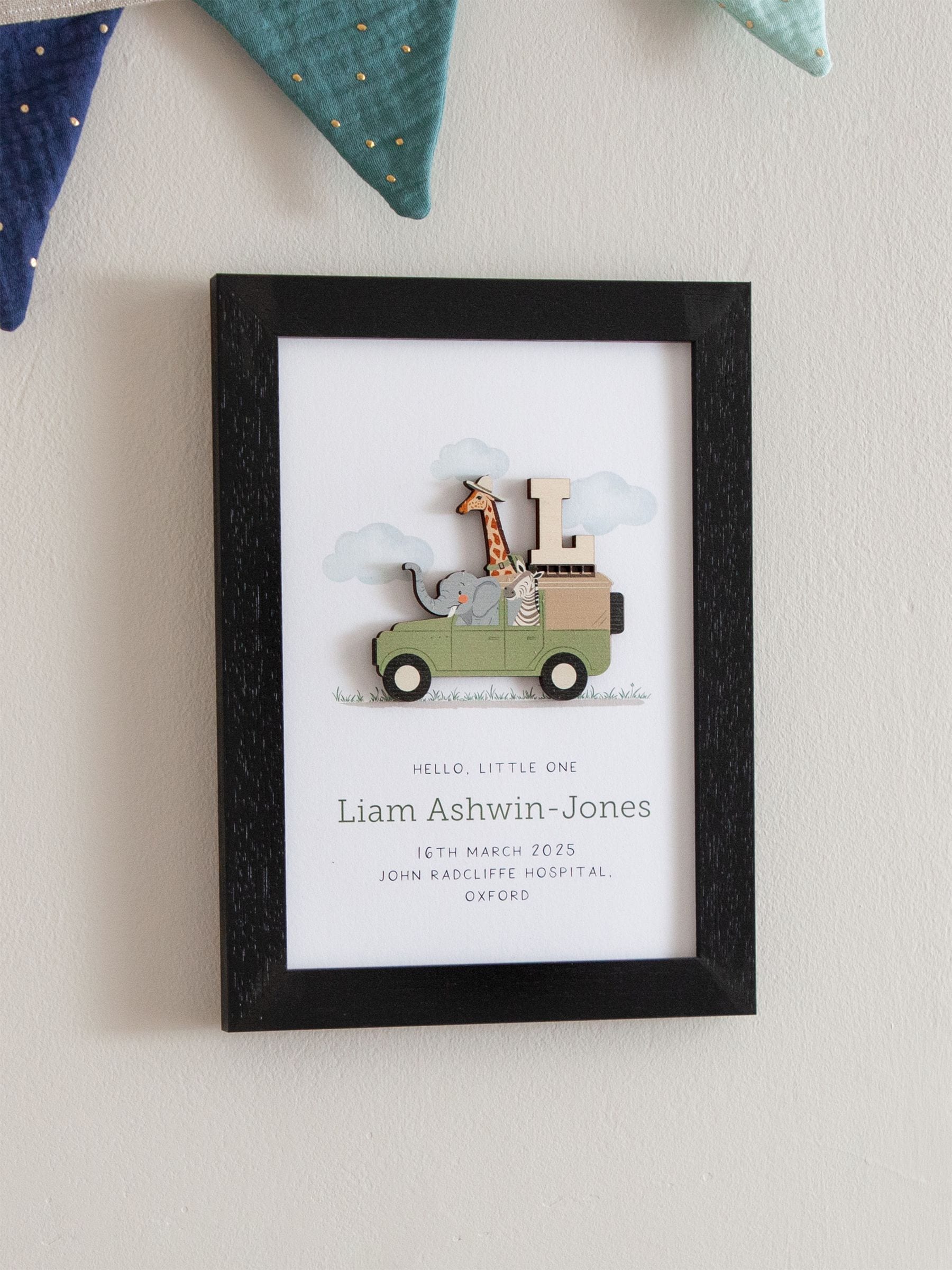 No Ordinary Gift personalised safari truck print with wooden initial, UK version