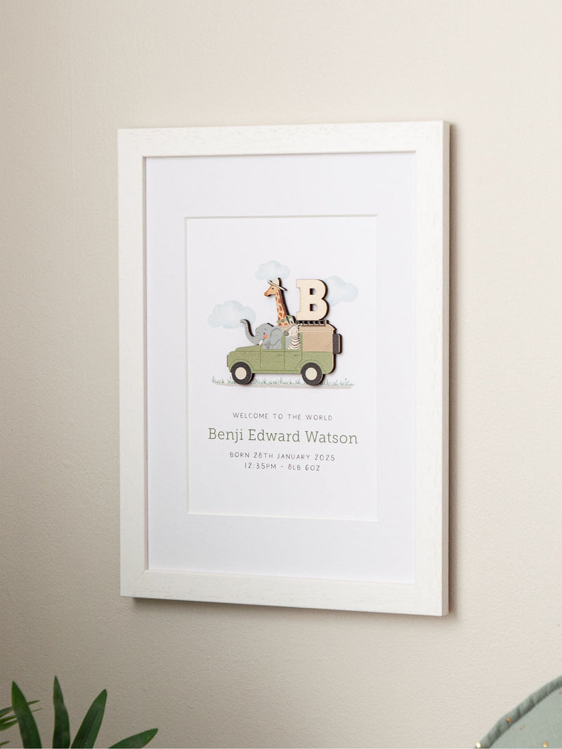 No Ordinary Gift personalised safari truck print with wooden initial, A5 mounted (British brand)