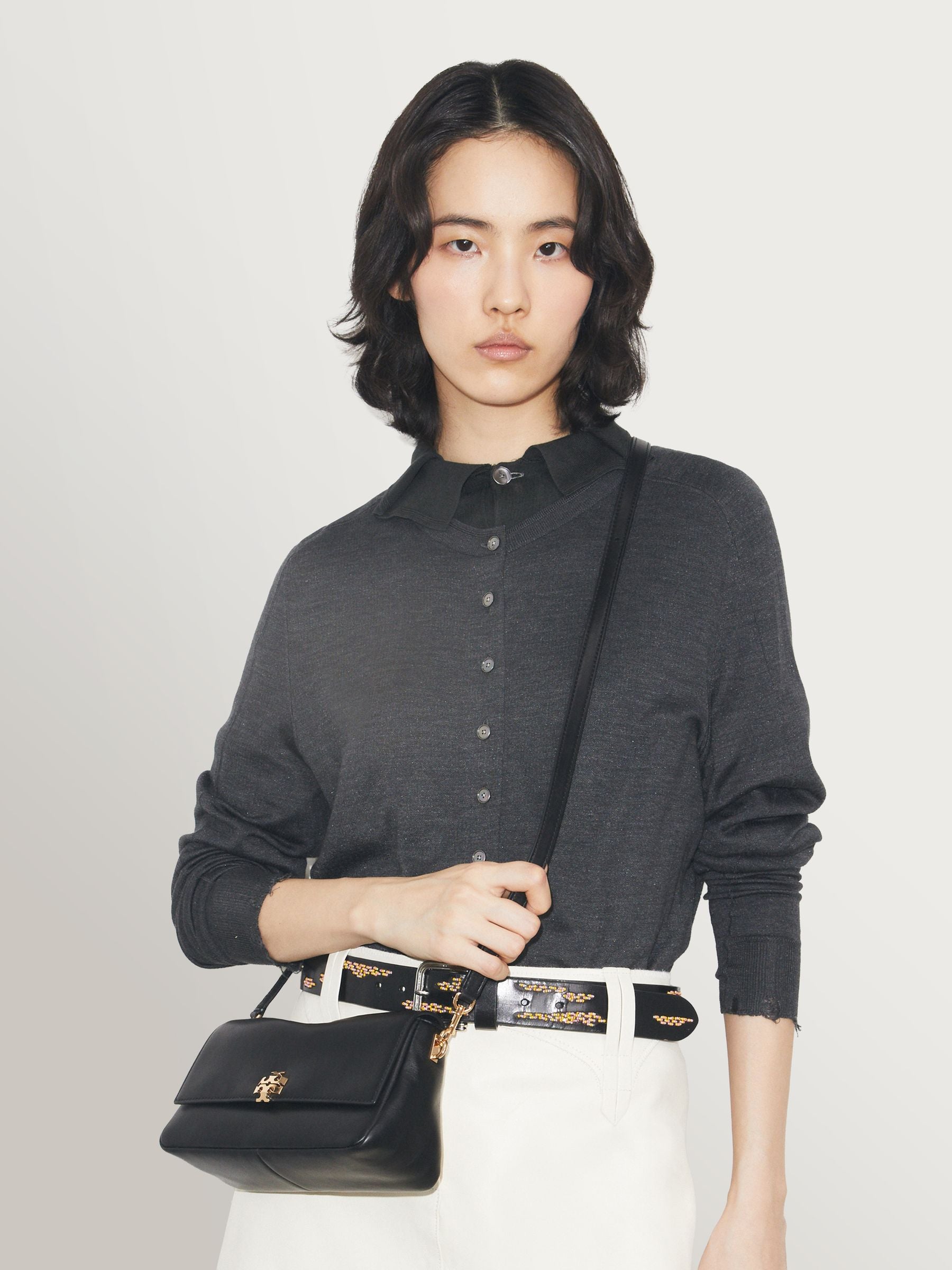 Tory Burch small Charlie shoulder bag in black leather - British product