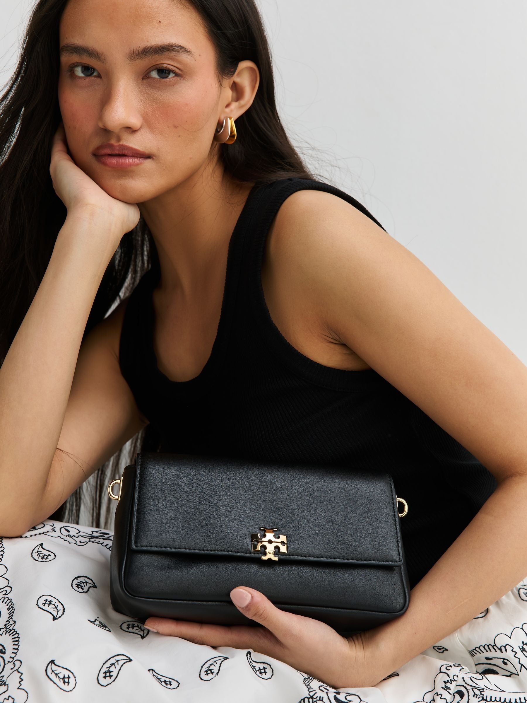 Tory Burch small Charlie shoulder bag in black leather - British product