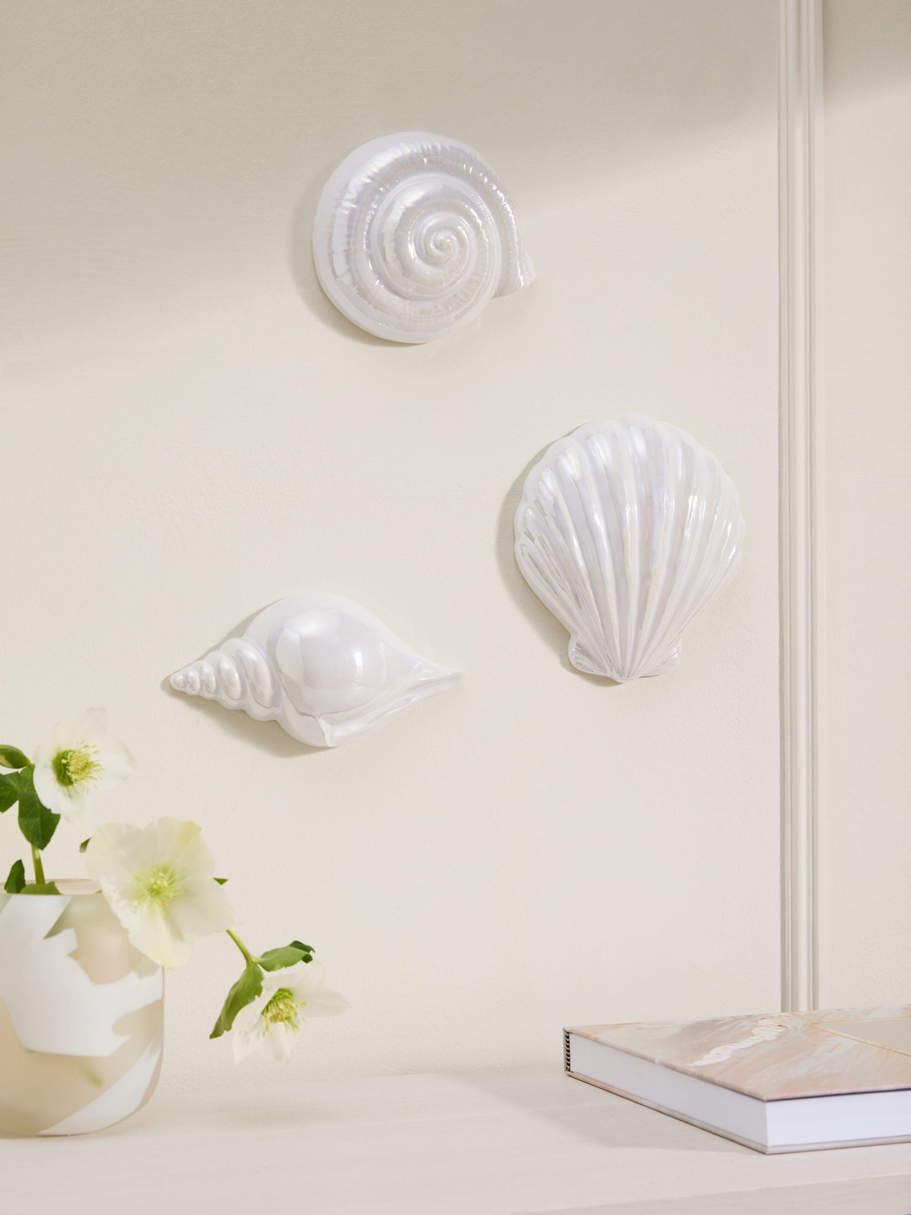 White ceramic coastal wall plaques set of three - British product