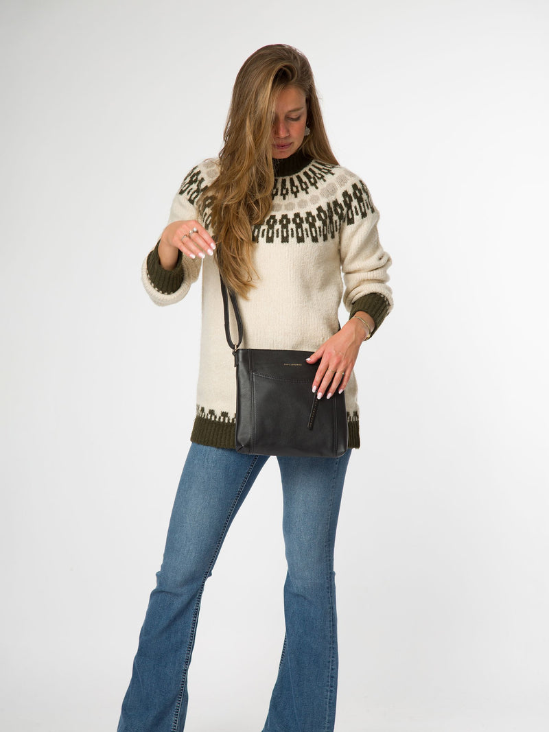 Pure Luxuries London black leather cross-body bag, imported from the UK