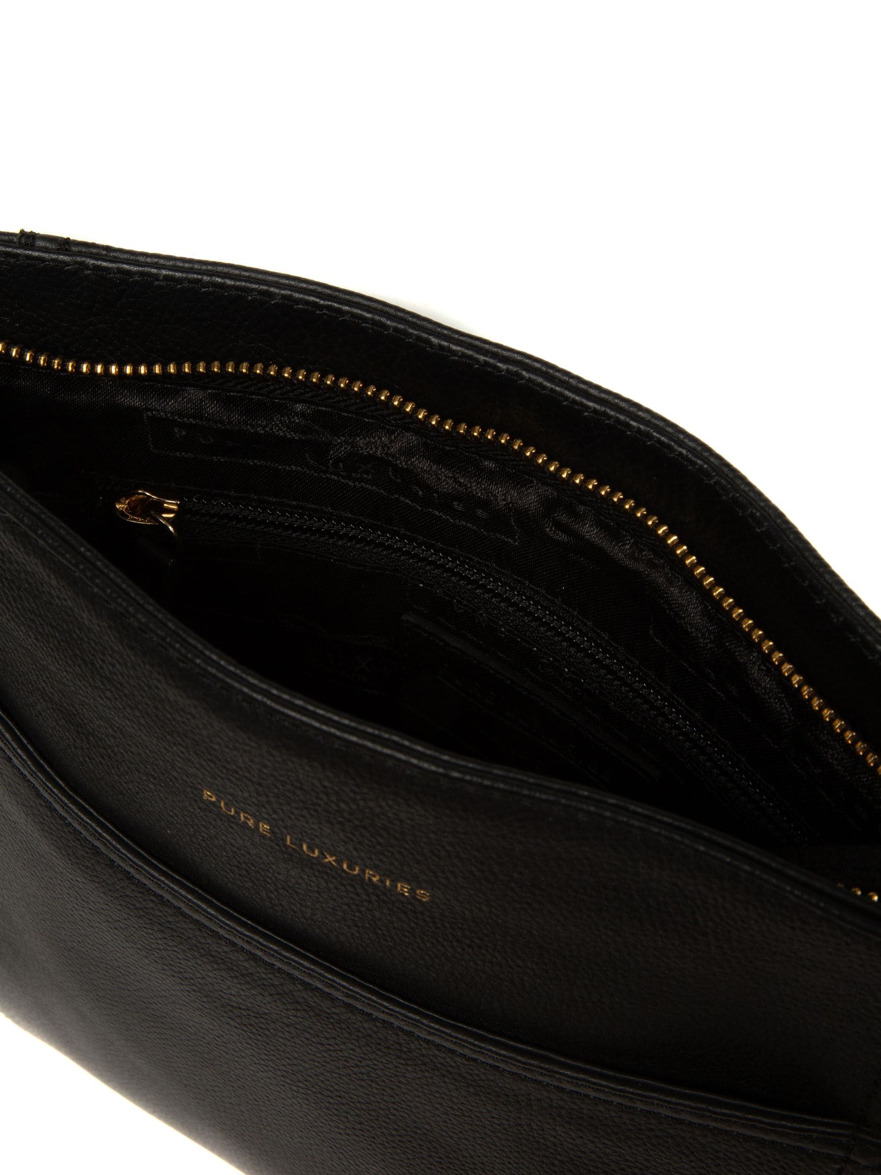 Pure Luxuries London black leather cross-body bag, imported from the UK