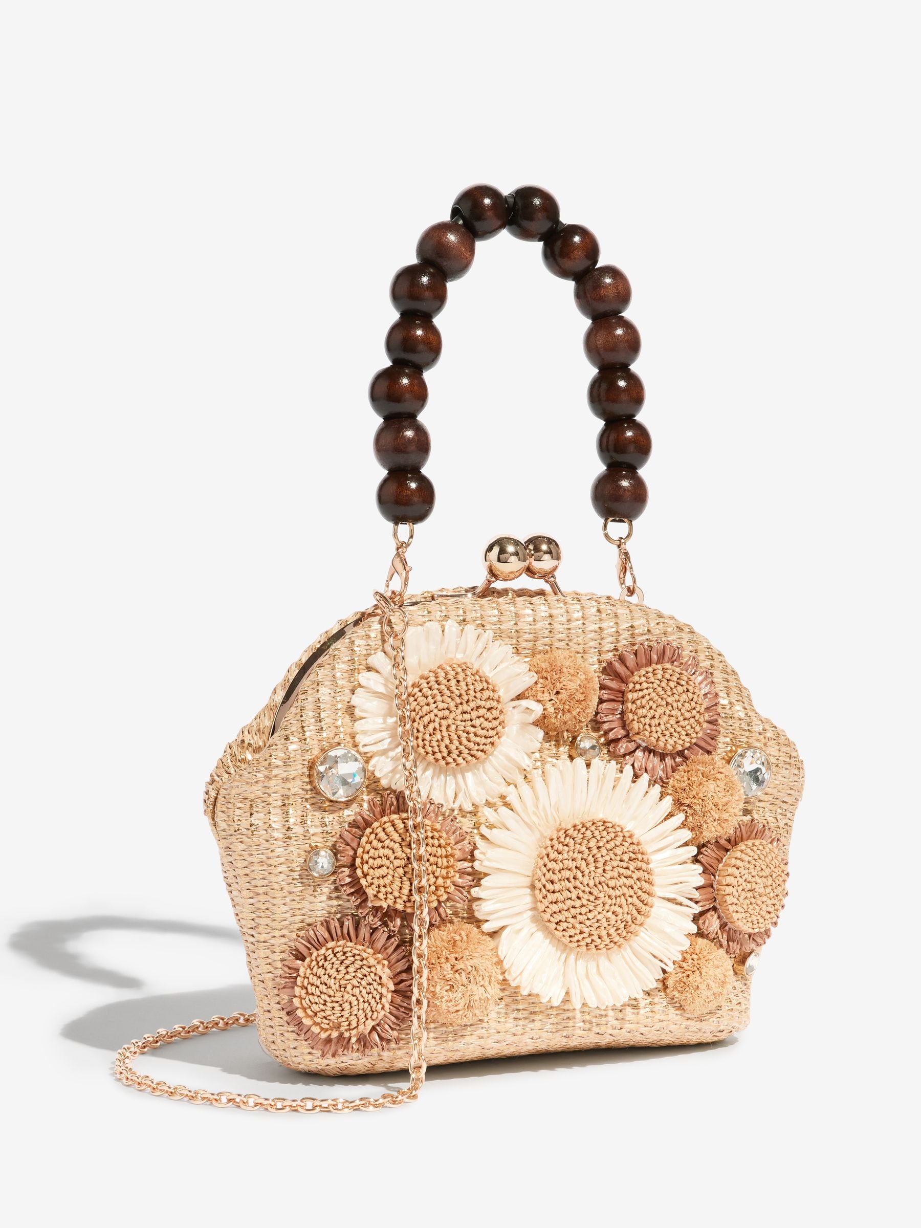 Natural raffia top handle clutch bag with 3D flower, imported from the UK