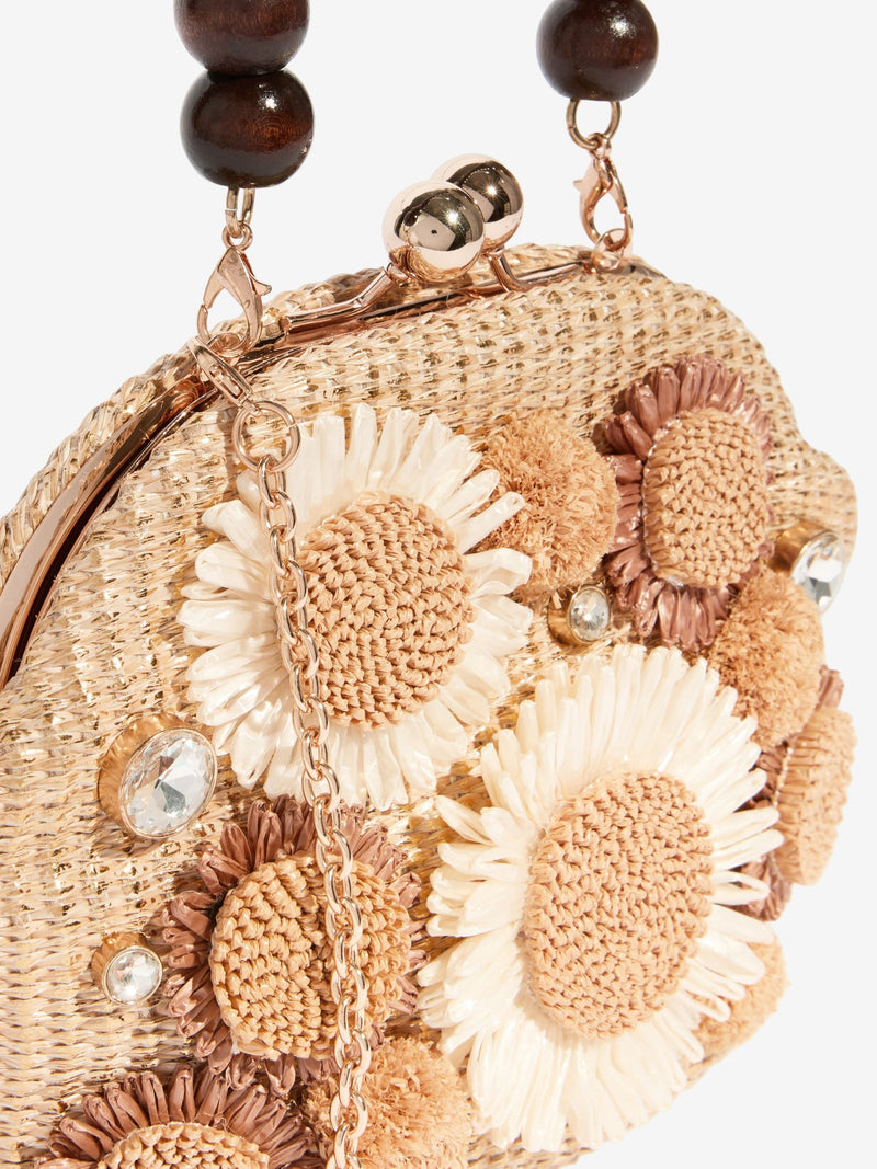Natural raffia top handle clutch bag with 3D flower, imported from the UK
