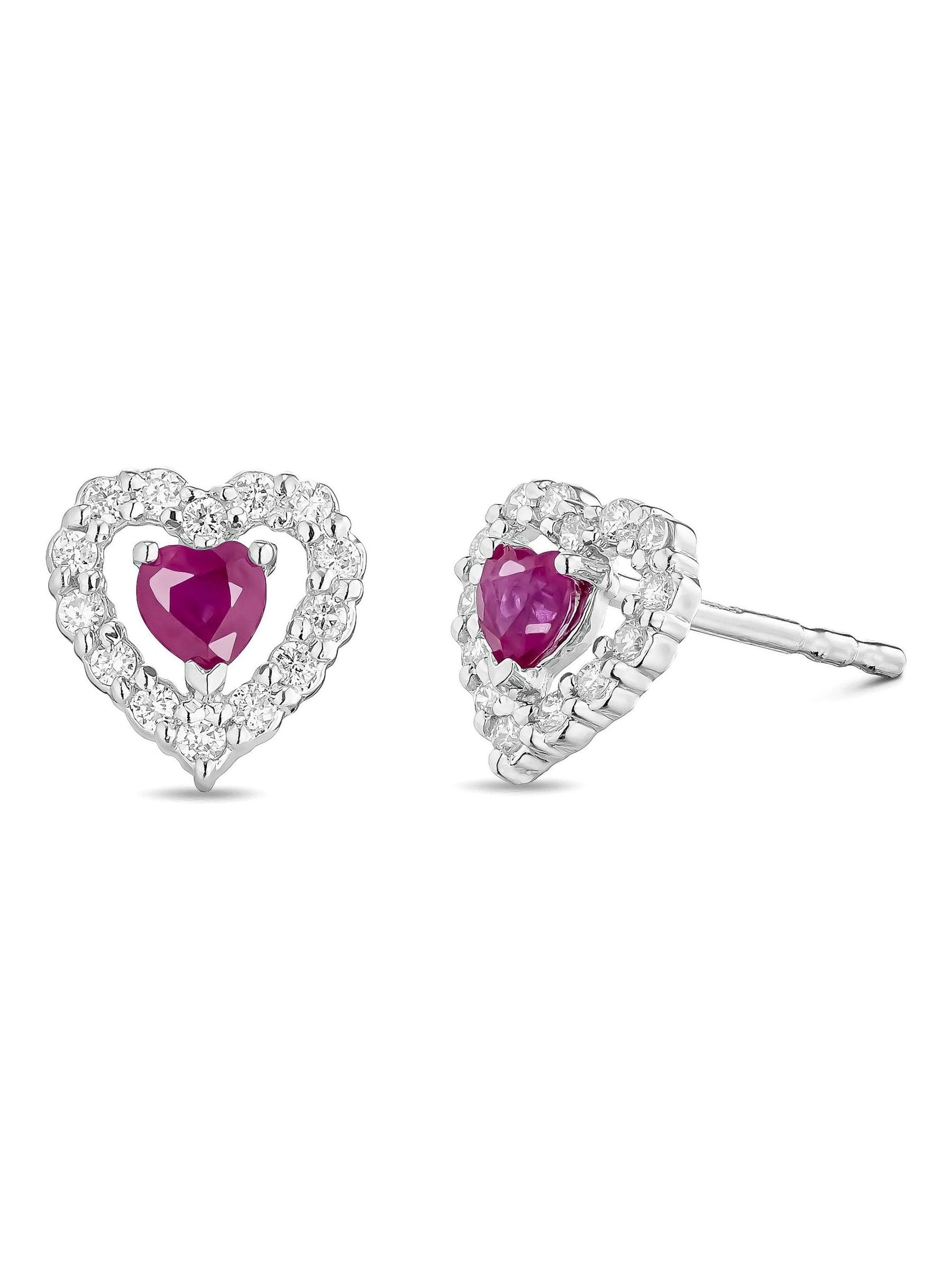 Beaverbrooks 9ct white gold diamond ruby heart earrings (British brand)