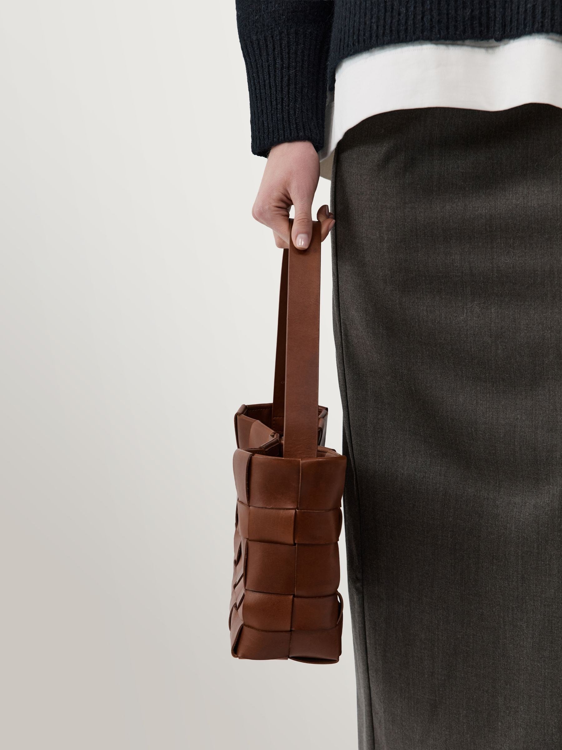 St Agni brown woven leather mini tote bag, UK version