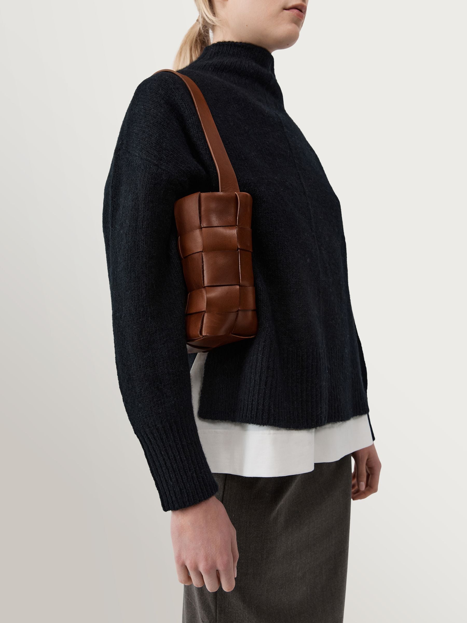 St Agni brown woven leather mini tote bag, UK version
